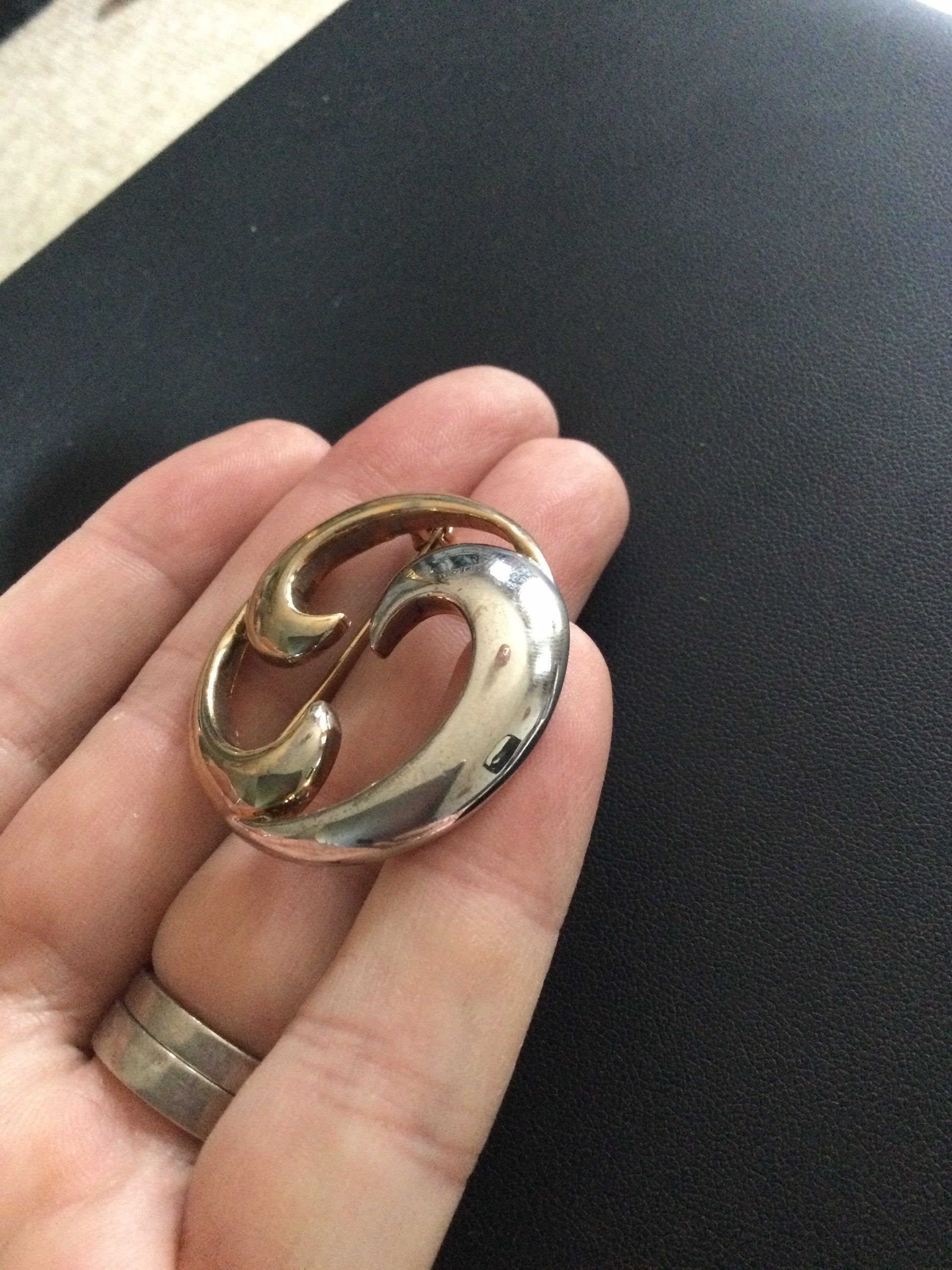 vintage retro modernist mid century gold & silver tone abstract swirl brooch