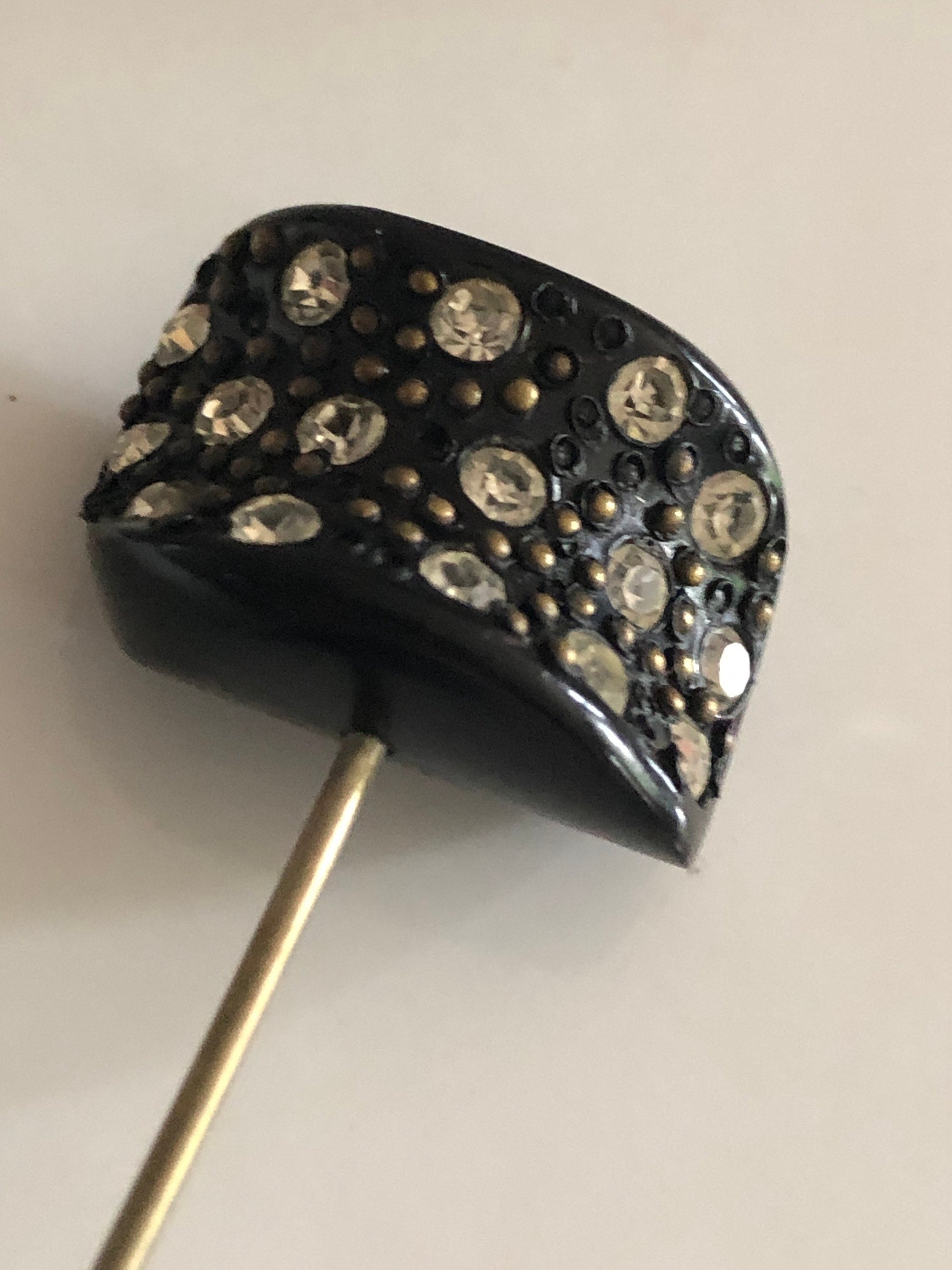 French double ended rhinestone set black pique Bakelite hat pin hairpin jabot pin