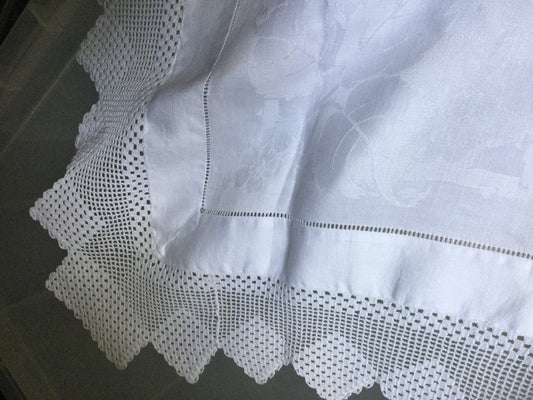 32” square Vintage crochet damask table square tablecloth or dressing table cloth
