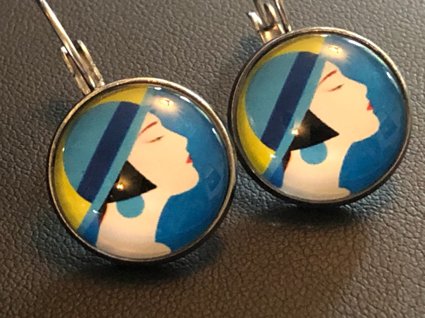 Art Deco stylish lady bright blue yellow drop earrings
