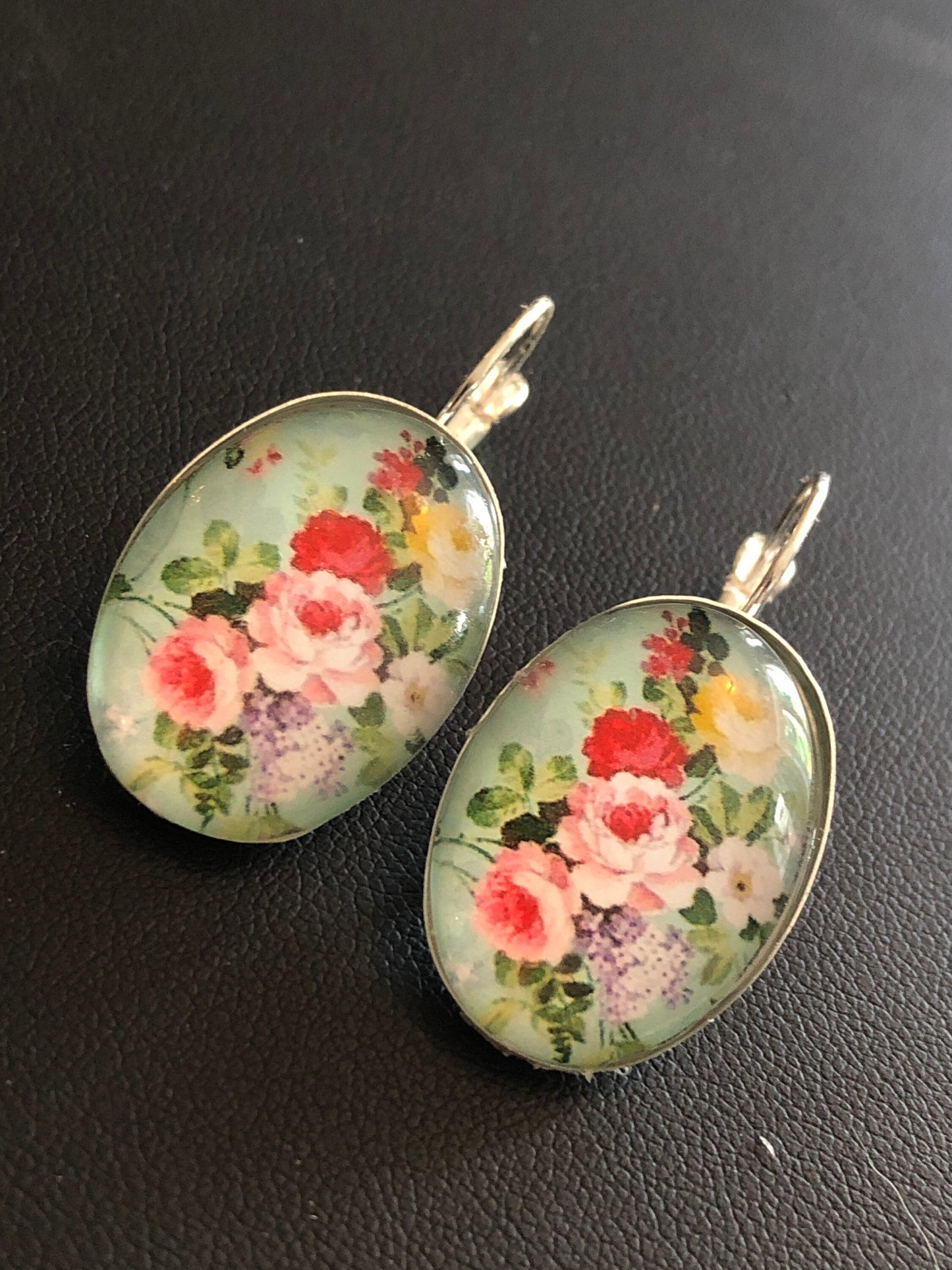 Red Pink roses Spring garden flowers oval glass cabochon floral earrings