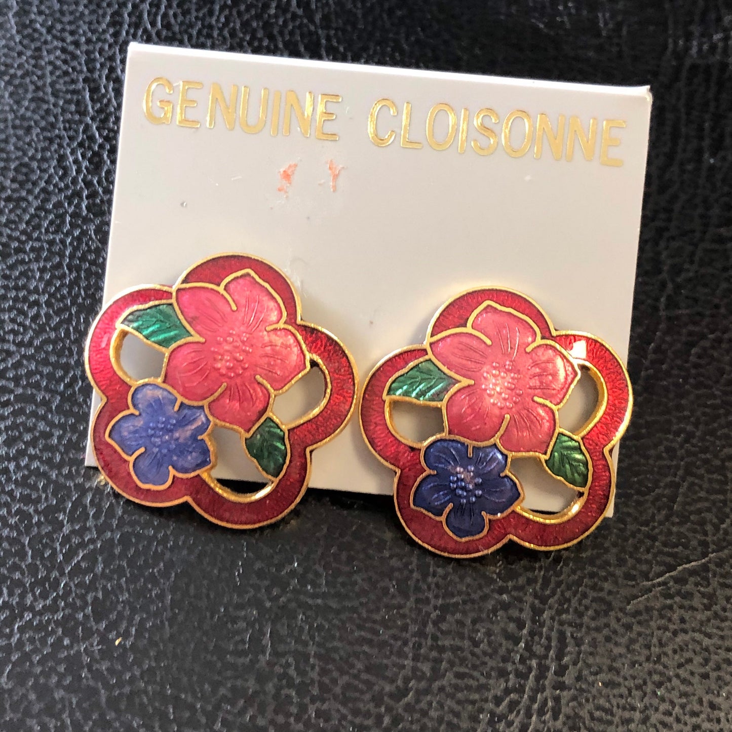 Vintage large Cloisonné Enamel Floral stud earrings pierced