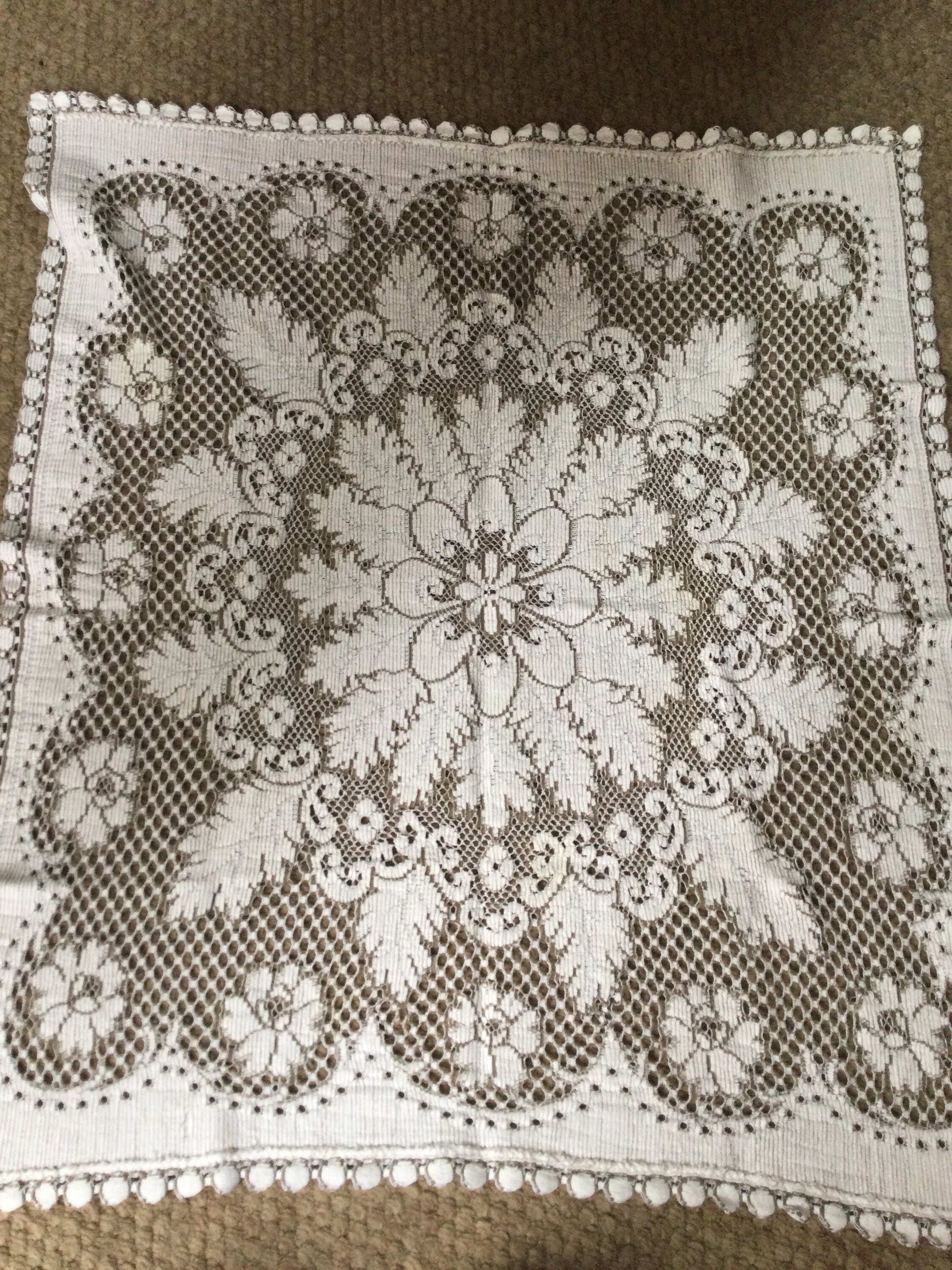 29 x 33” rectangular tablecloth taupe brown cream openwork lace effect floral embroidered