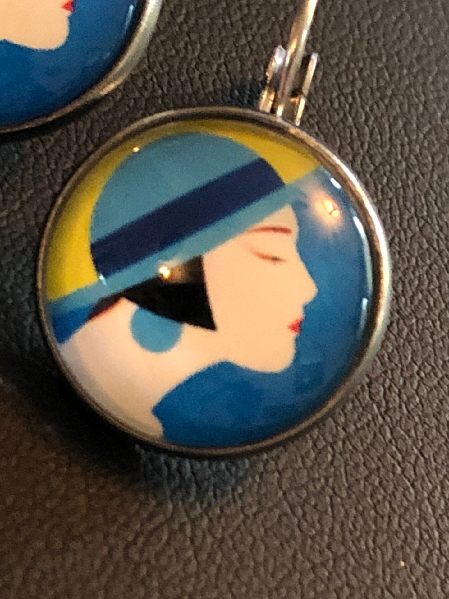 Art Deco stylish lady bright blue yellow drop earrings