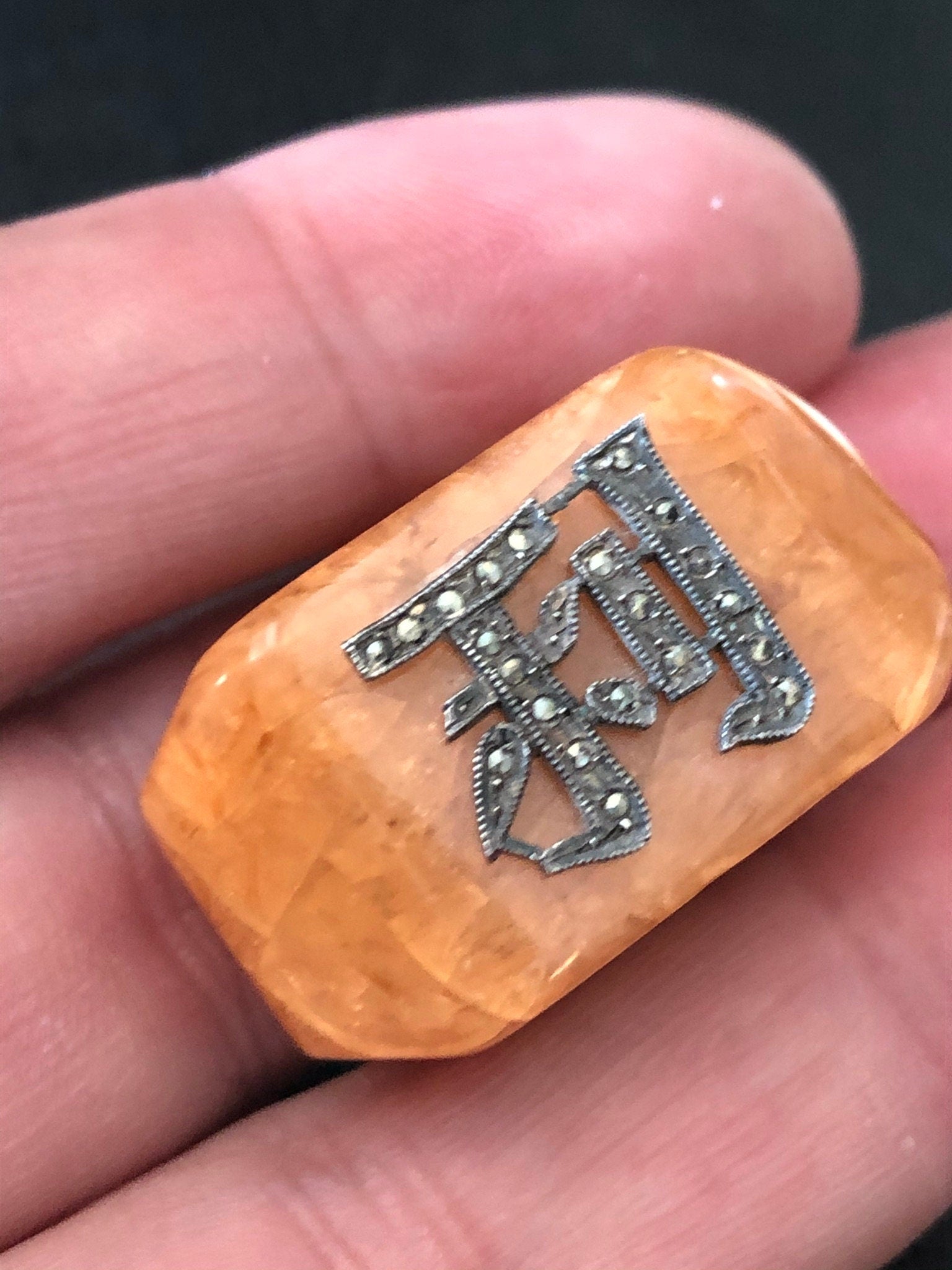 Art Deco Celluloid Early Plastic Scarf Ring lucite marcasite monogram Bakelite