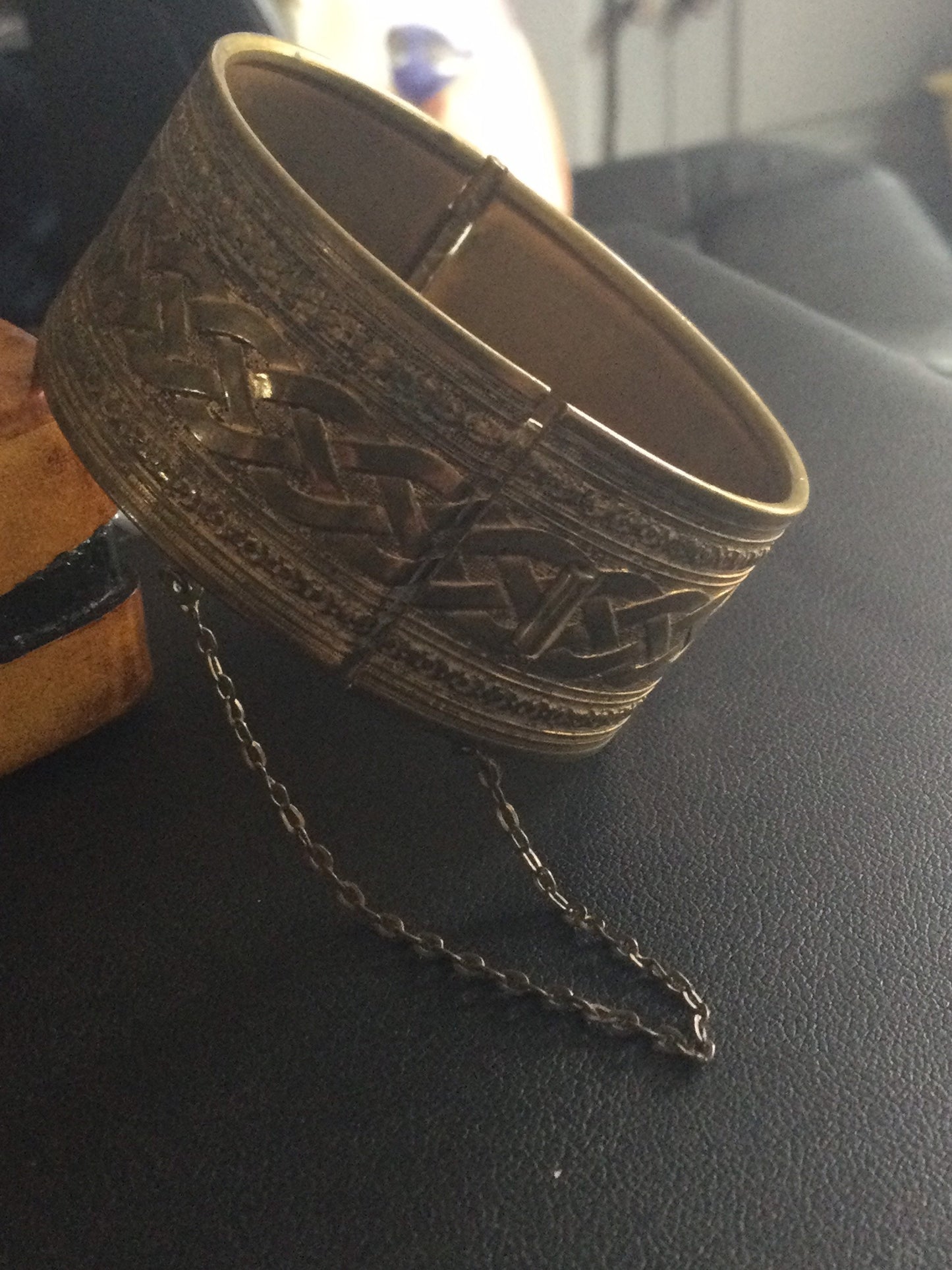 Brass etched beaten metal stamped Wide Buckle Cuff bracelet bangle