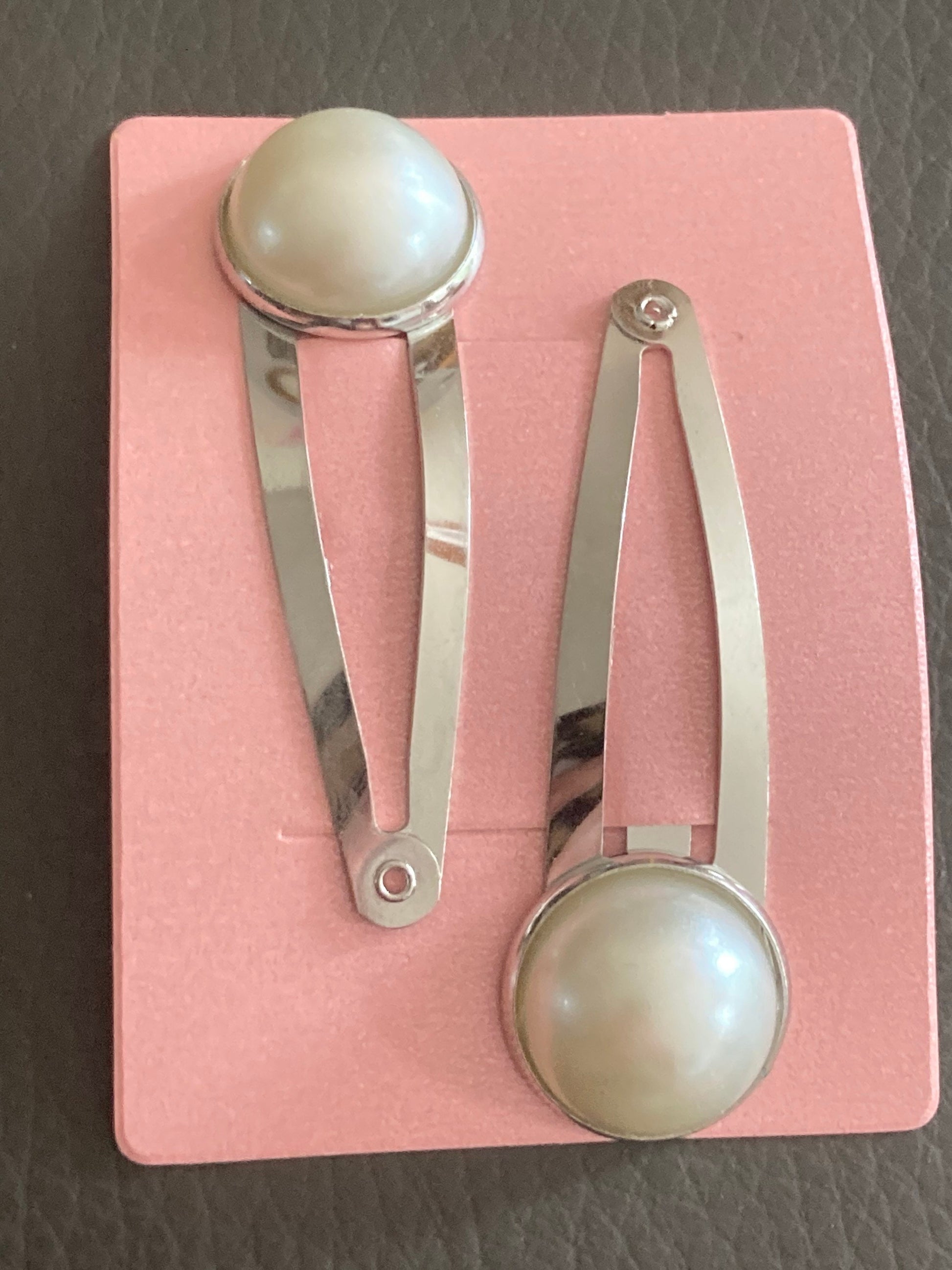 warm white ivory cream faux Pearl hair clips silver tone snap lock