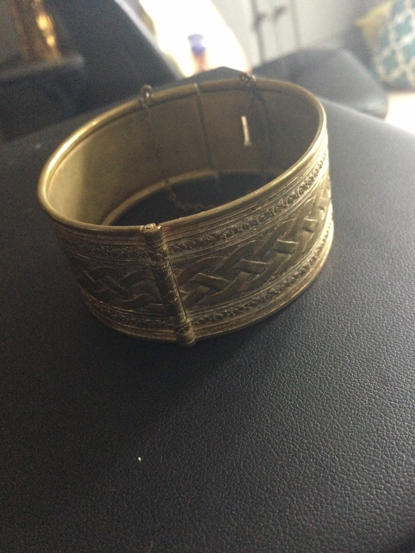 Brass etched beaten metal stamped Wide Buckle Cuff bracelet bangle