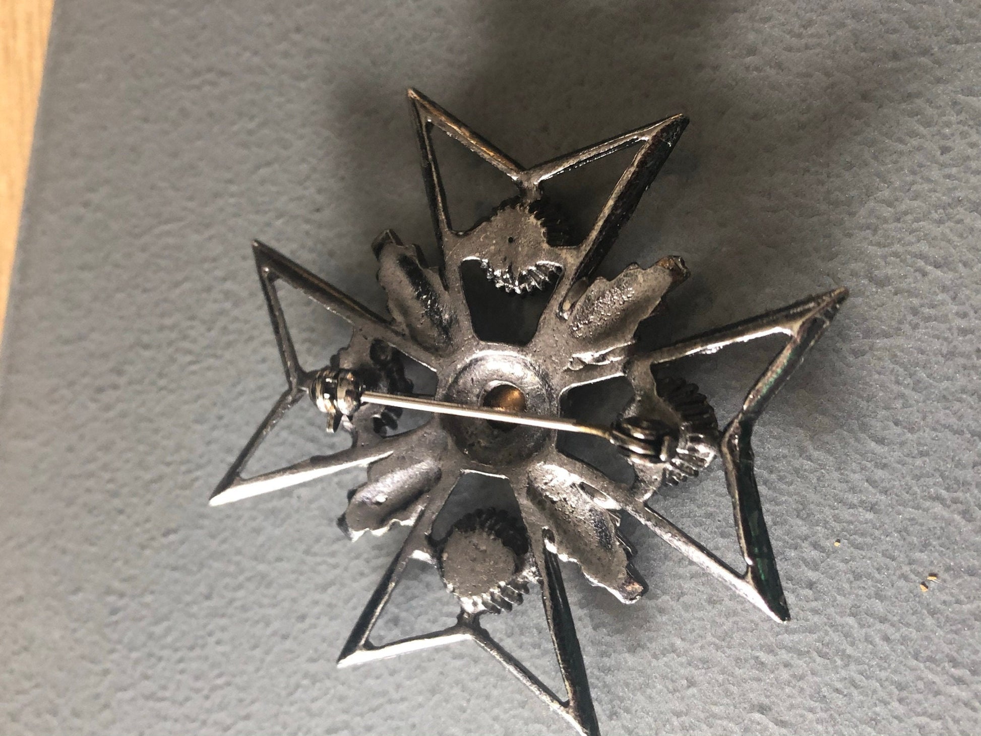 Vintage Silver Tone Metal Maltese Cross Brooch with amethyst glass paste stones