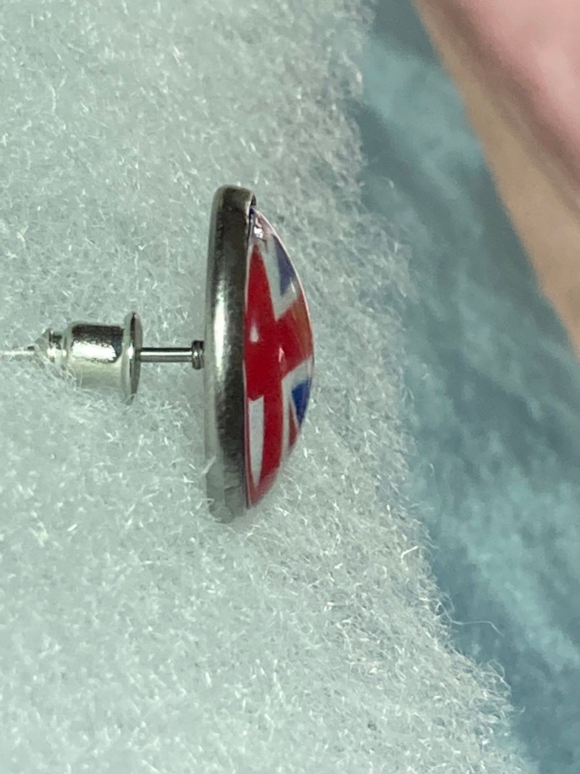 Uk Union Jack flag royal pierced round silver stud earrings with 16mm glass cabochons