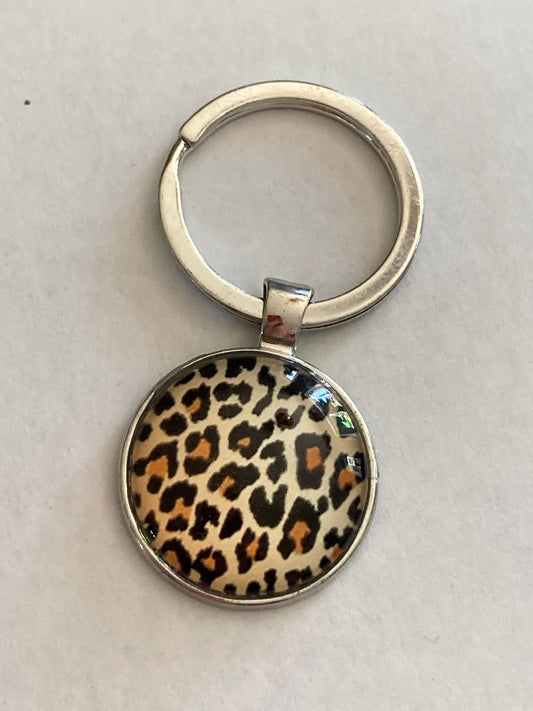 2.5cm Brown Animal print leopard print keyring with 25mm glass cabochon detail