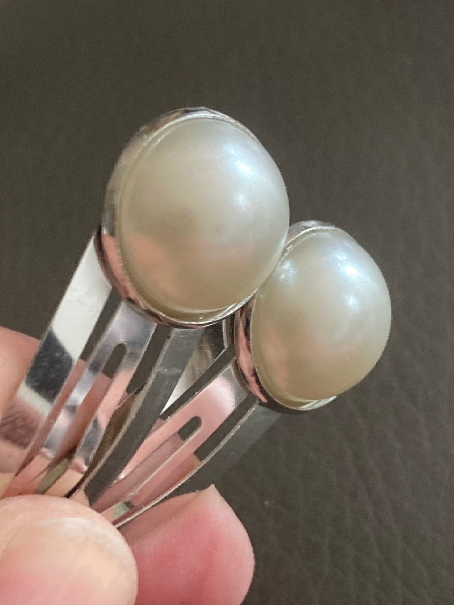 warm white ivory cream faux Pearl hair clips silver tone snap lock