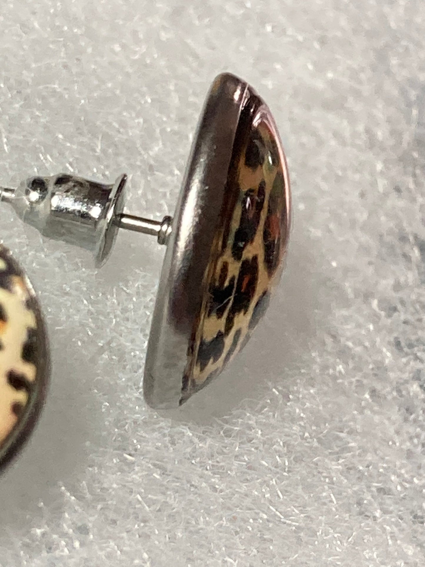 leopard print round silver stud earrings stainless steel with glass cabochons