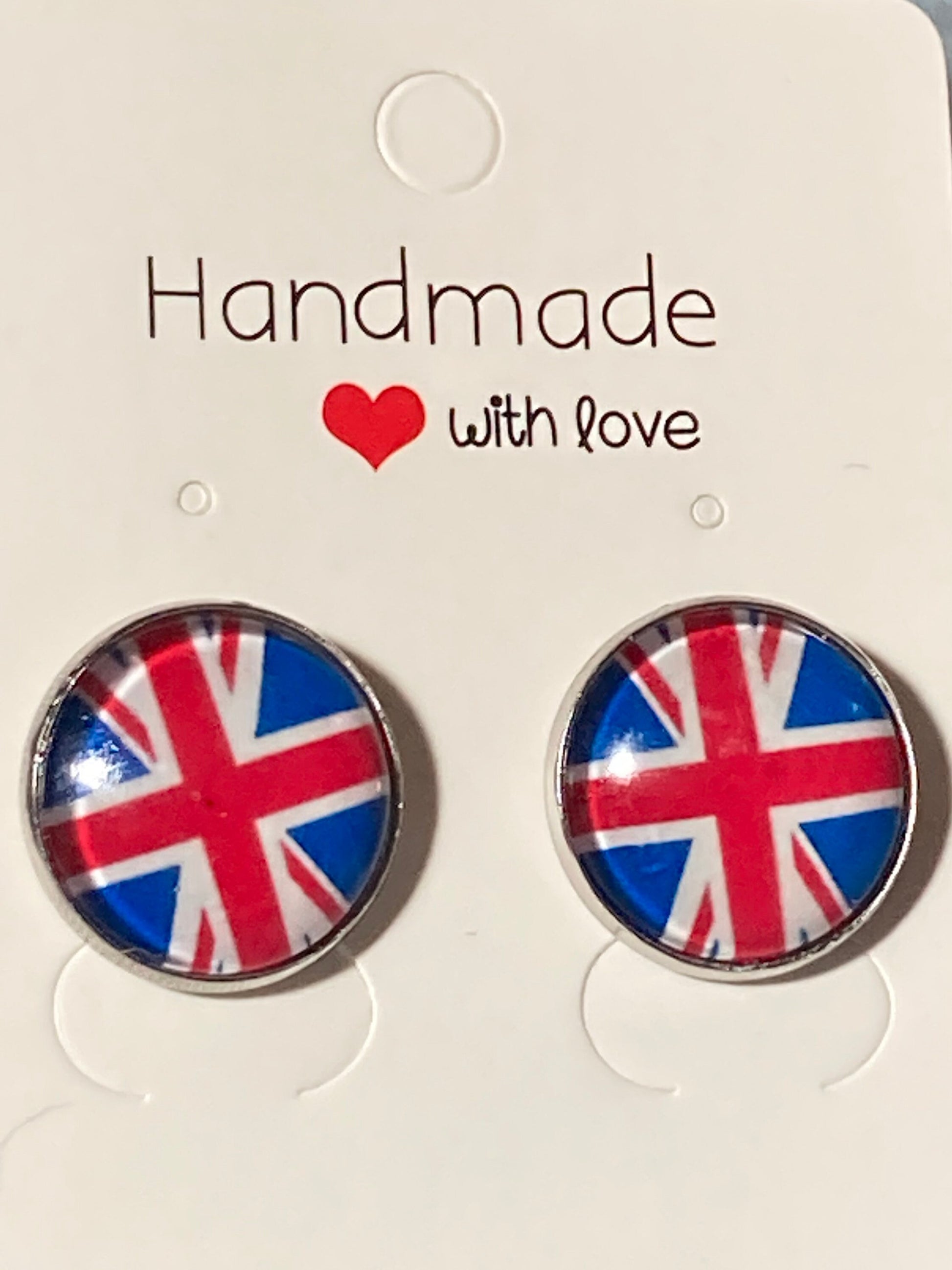 Uk Union Jack flag royal pierced round silver stud earrings with 16mm glass cabochons