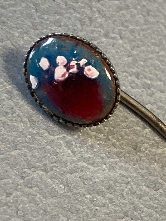 Vintage silver tone poured glass or Enamel ladies blue red stick pin