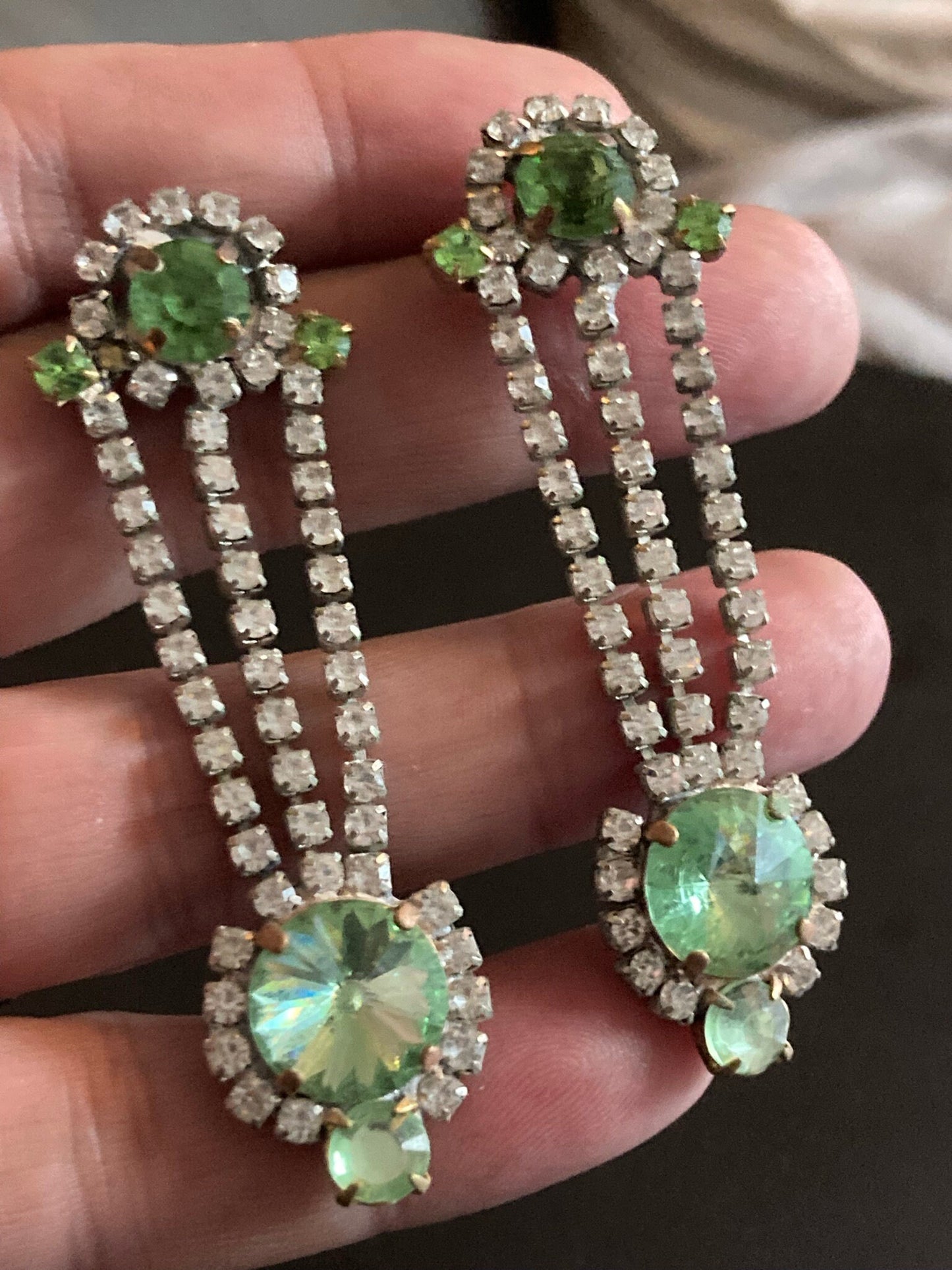 Vintage Czech Rhinestone Long light green emerald Glass Paste Diamante Drop pierced Earrings