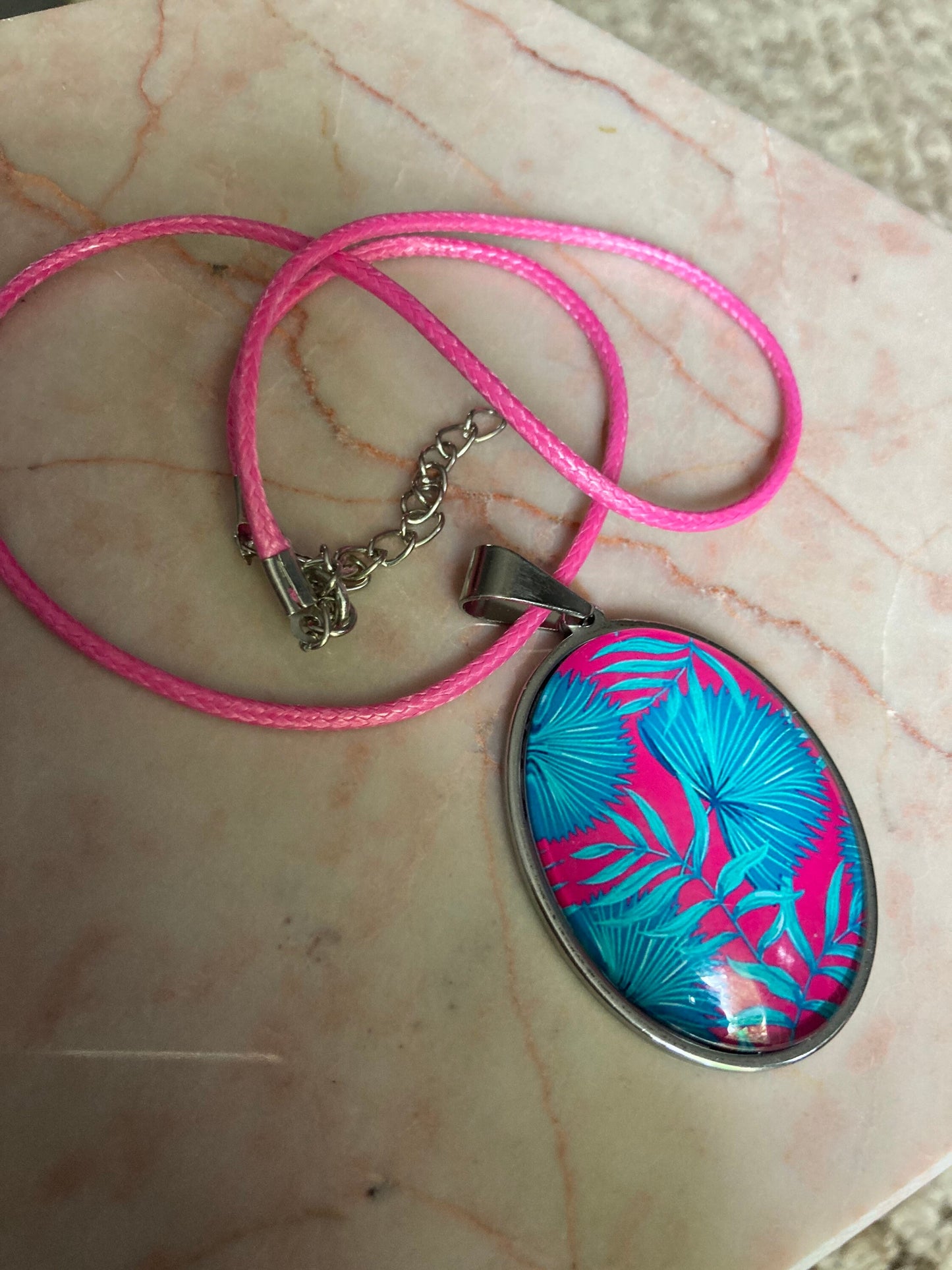 tropical pink green palm tree stainless steel pendant