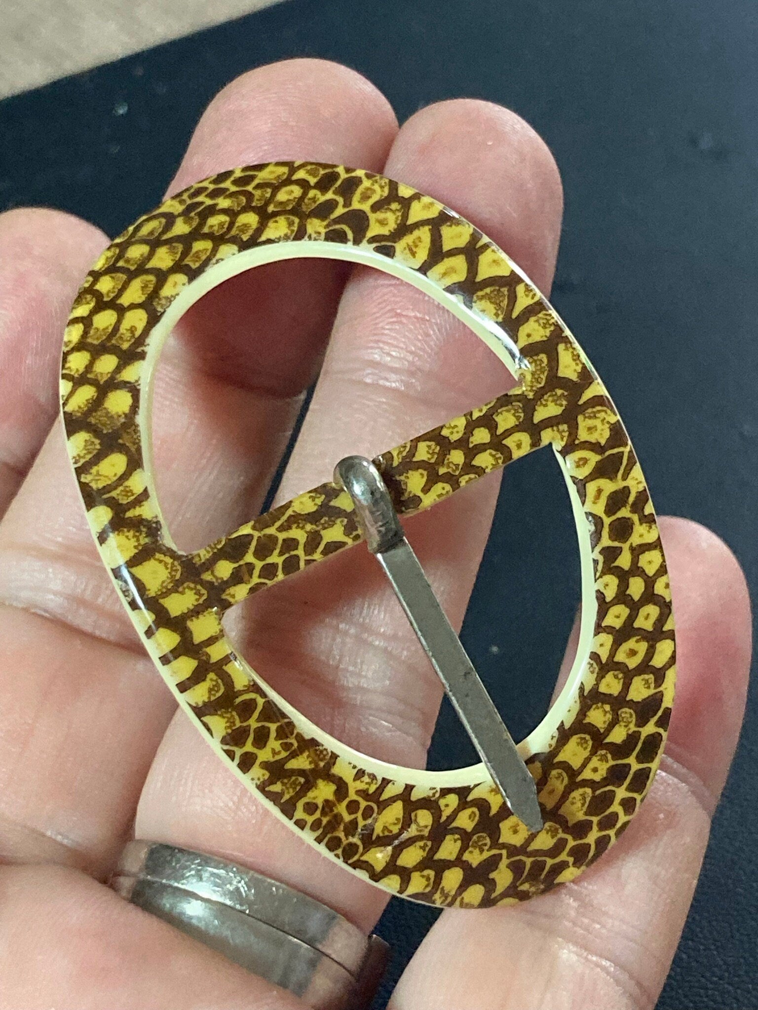 Large Vintage brown Faux snakeskin curved belt buckle 6cm for 2.5cm band
