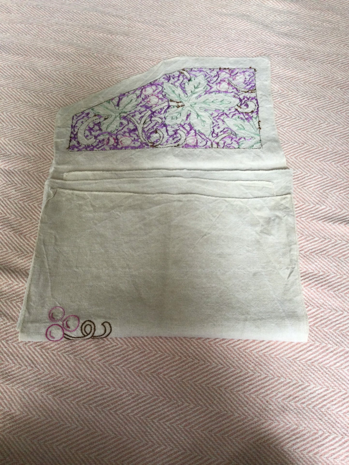 Pj case Antique Vintage Hand Sewn Cream linen Cotton purple embroidery Pyjama Nightdress Folds into case boudoir