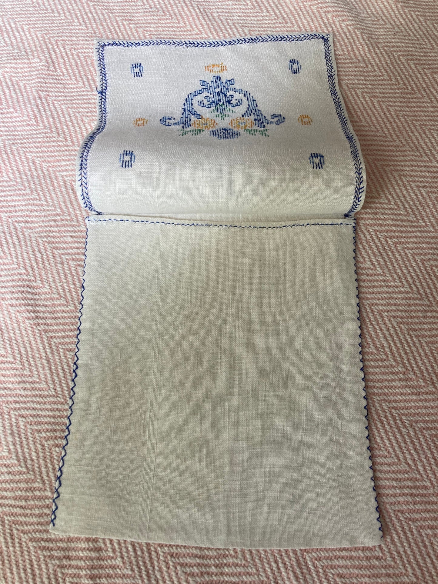 White Handkerchief case hankie case Crisp cotton embroidered blue cross-stitch thread