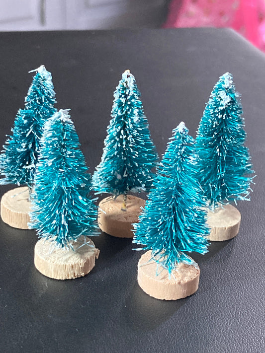 lot 5 x 4cm dark green snow topped bristle brush miniature Christmas tree cake toppers