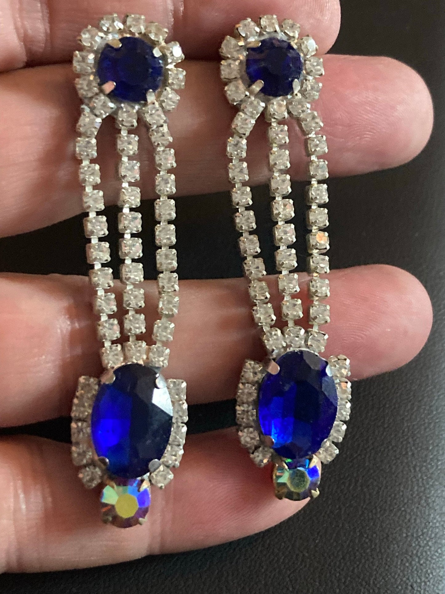 Vintage Czech Rhinestone Long Blue Sapphire Clear Glass Paste Diamante Drop Earrings