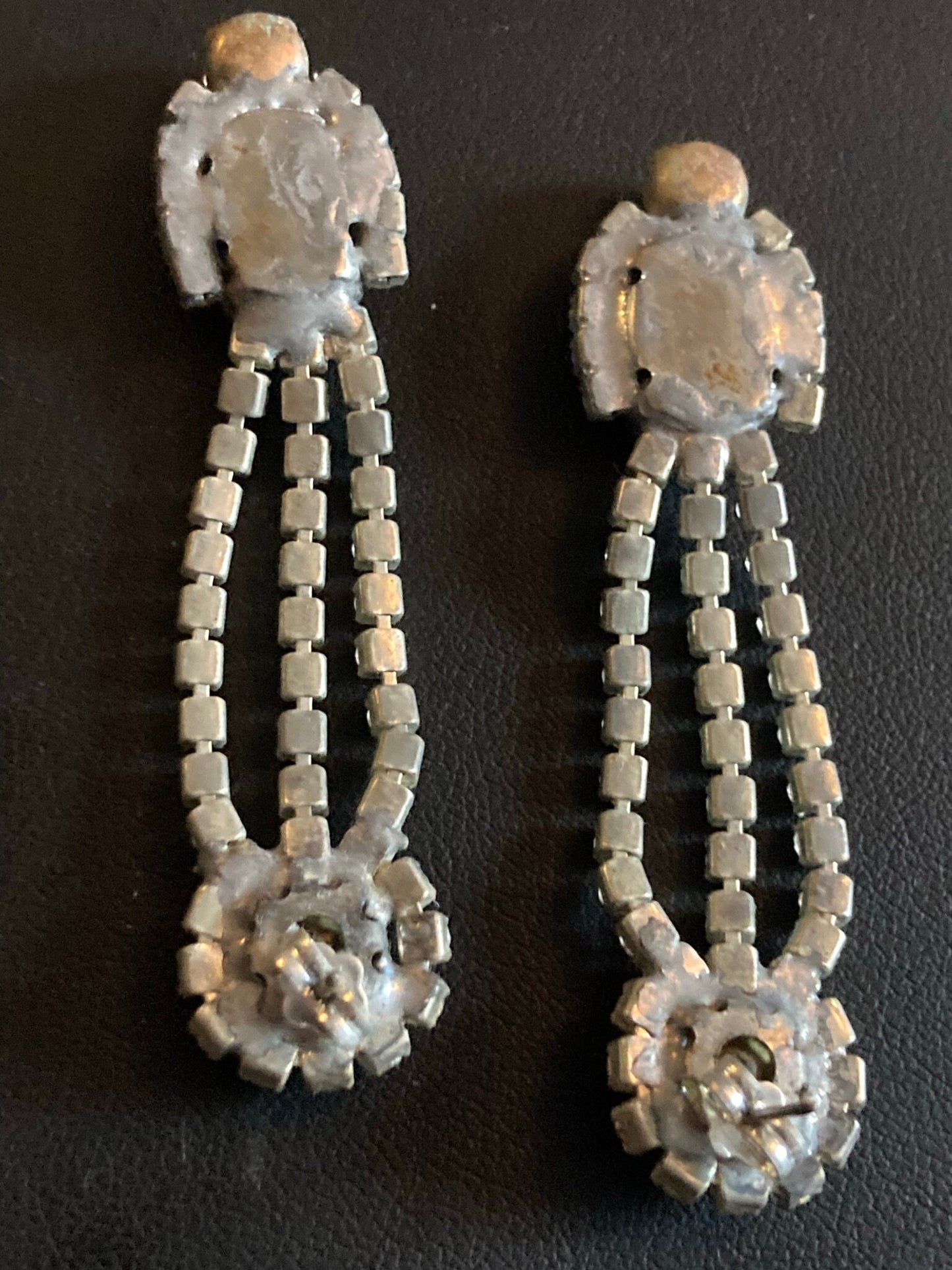 Vintage Czech Rhinestone Long Blue Sapphire Clear Glass Paste Diamante Drop Earrings
