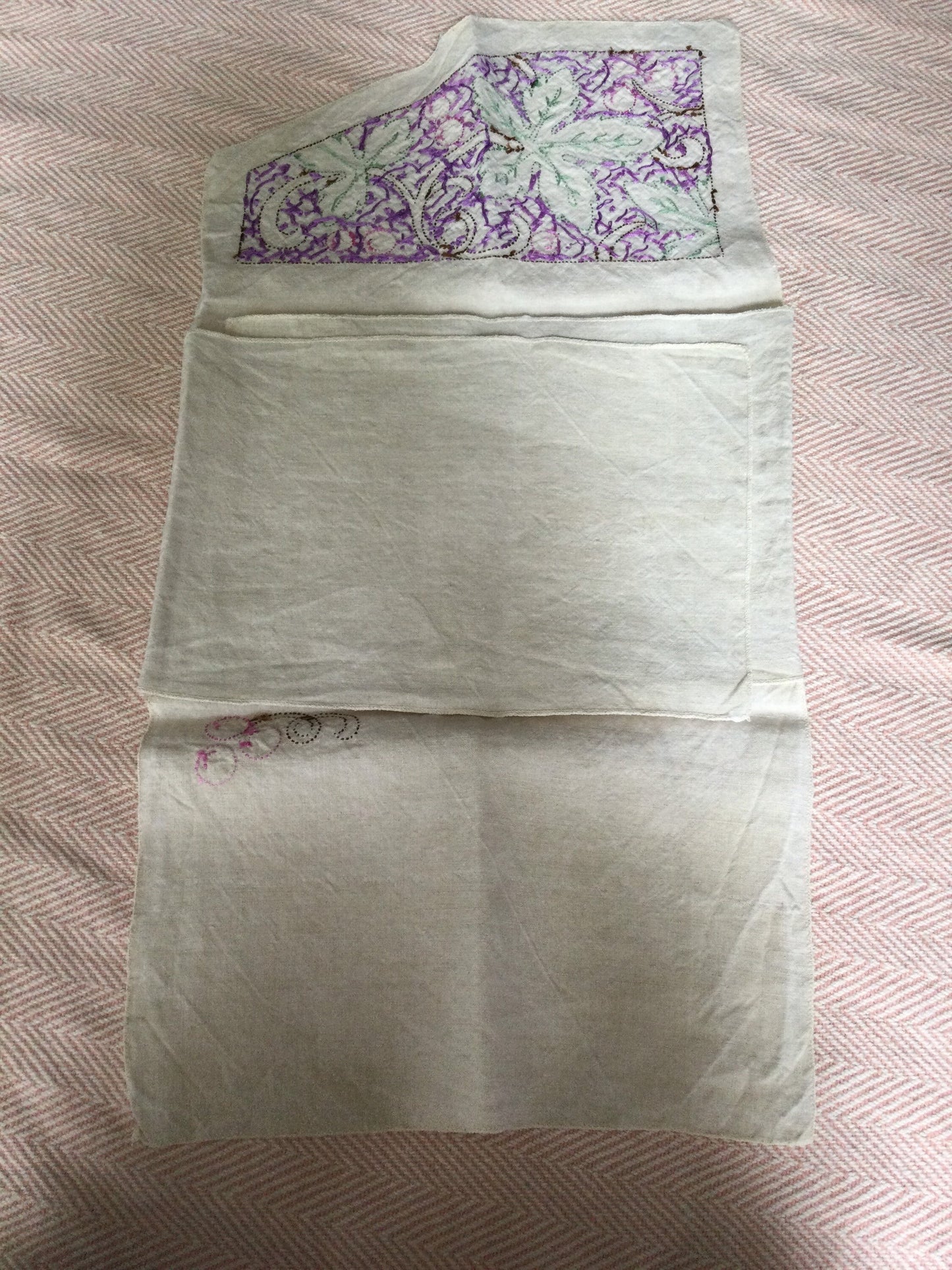 Pj case Antique Vintage Hand Sewn Cream linen Cotton purple embroidery Pyjama Nightdress Folds into case boudoir