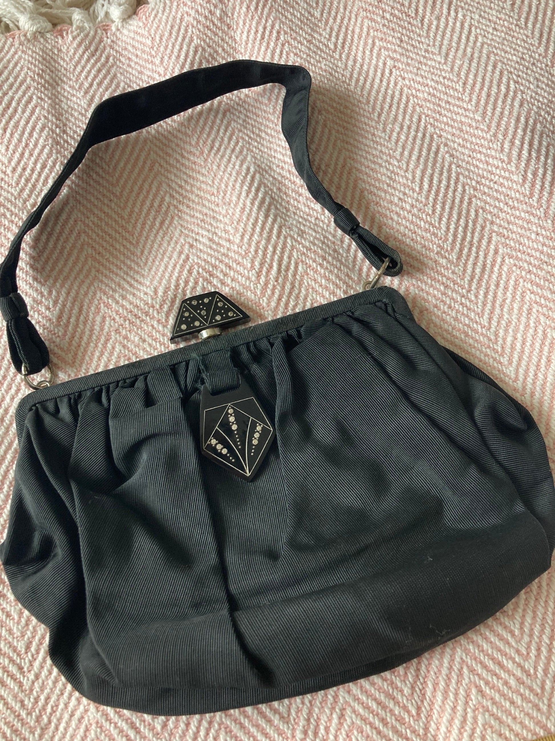 Vintage Art Deco black crepe Evening Bag Purse Diamanté Bakelite paste set Clasp