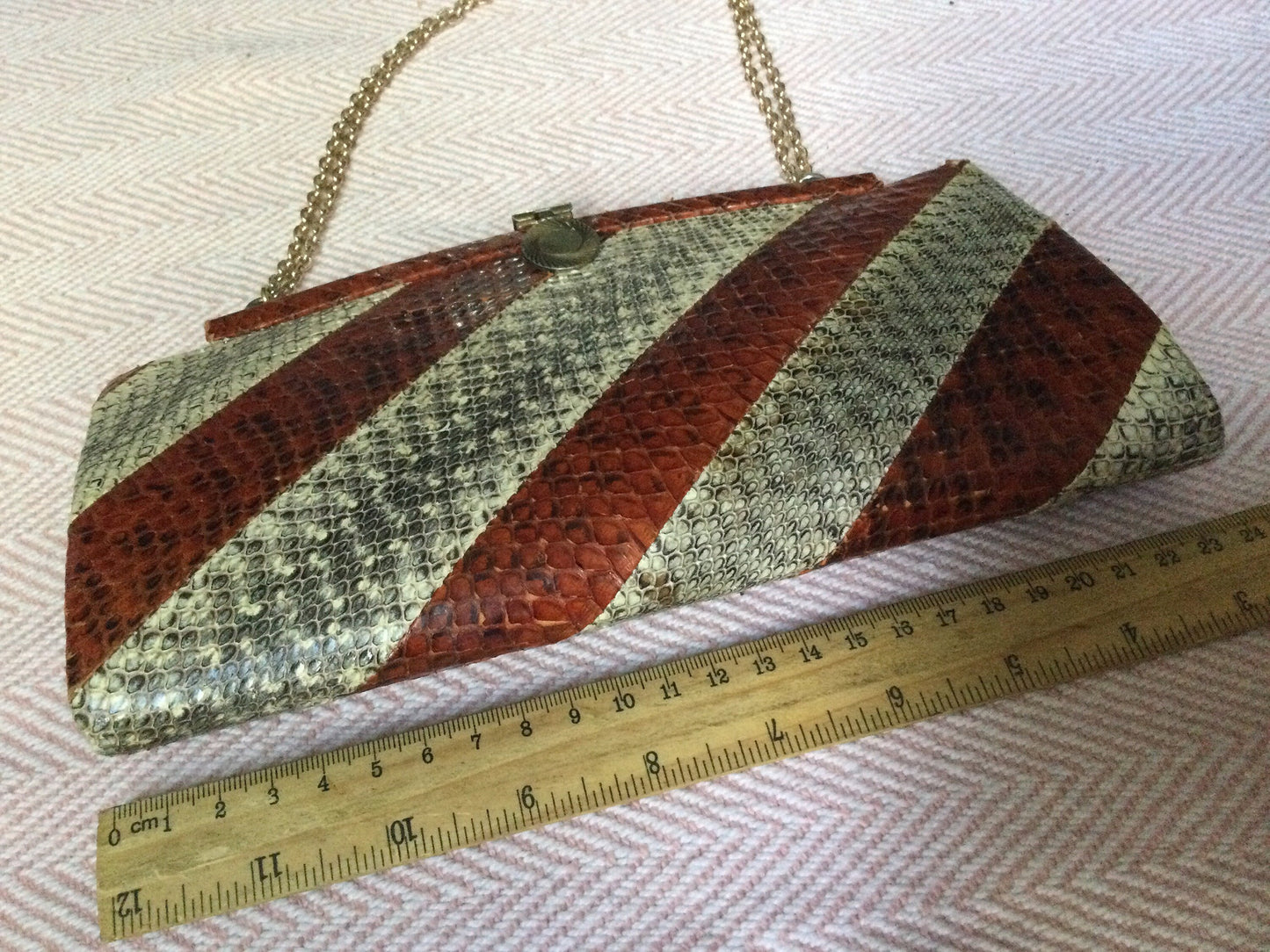 Vintage true Art Deco oxblood red faux snakeskin striped Evening Bag Purse gold tone