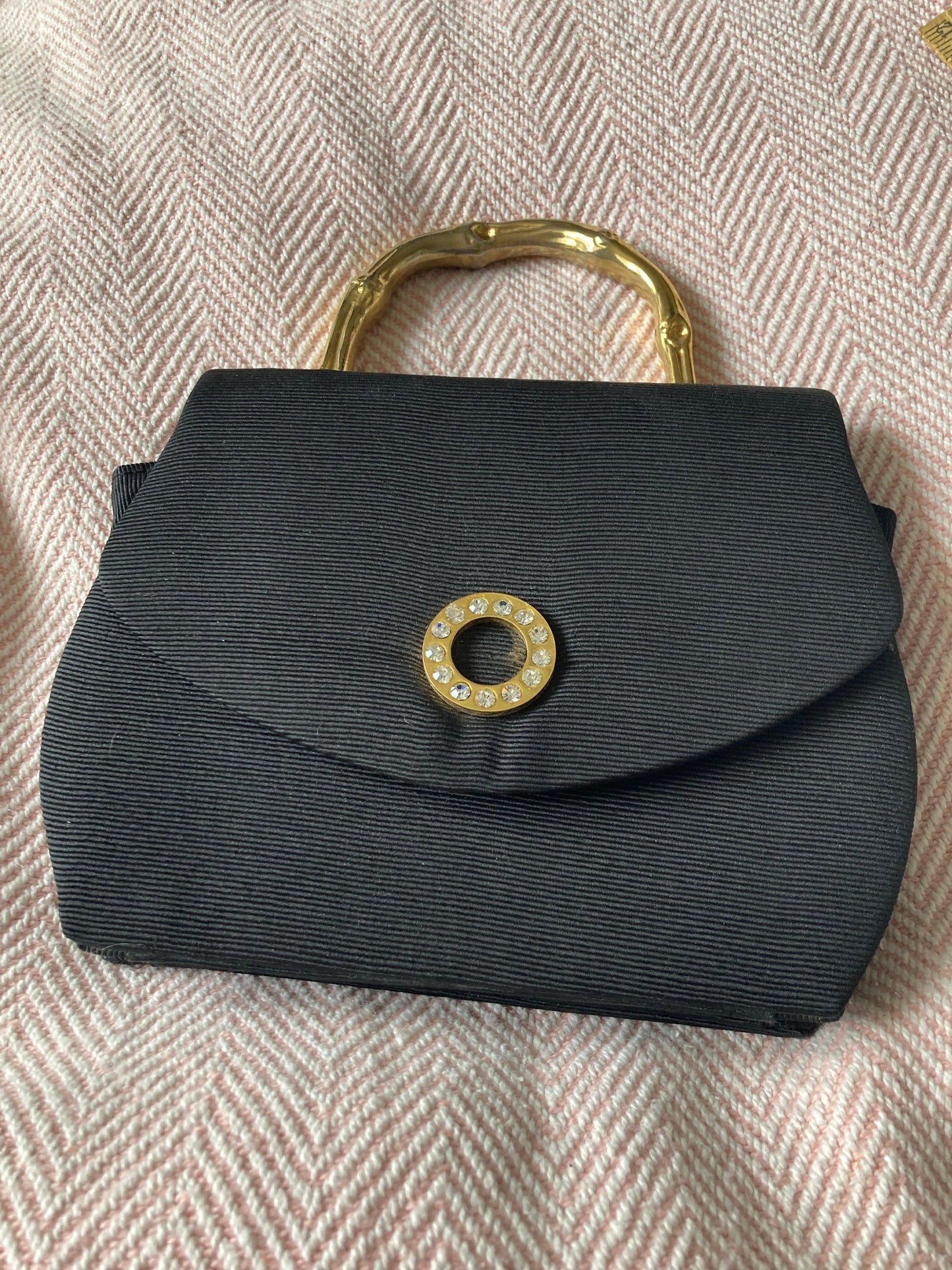 Signed DENTS Vintage Art Deco black grosgrain Evening Bag Purse Diamanté