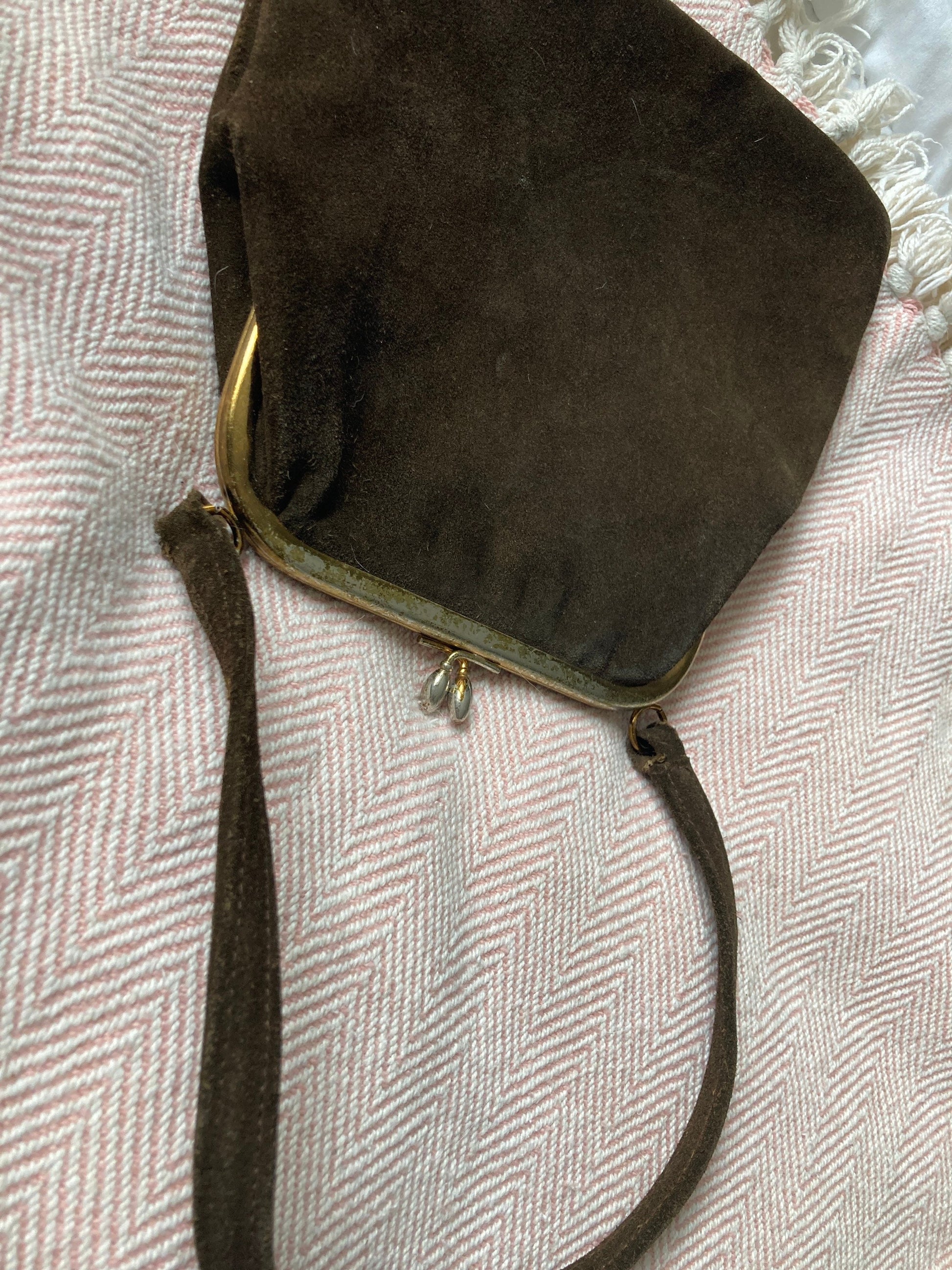 Antique Vintage 1930s to 1950s brown suede leather deep Evening Purse day Bag Handbag