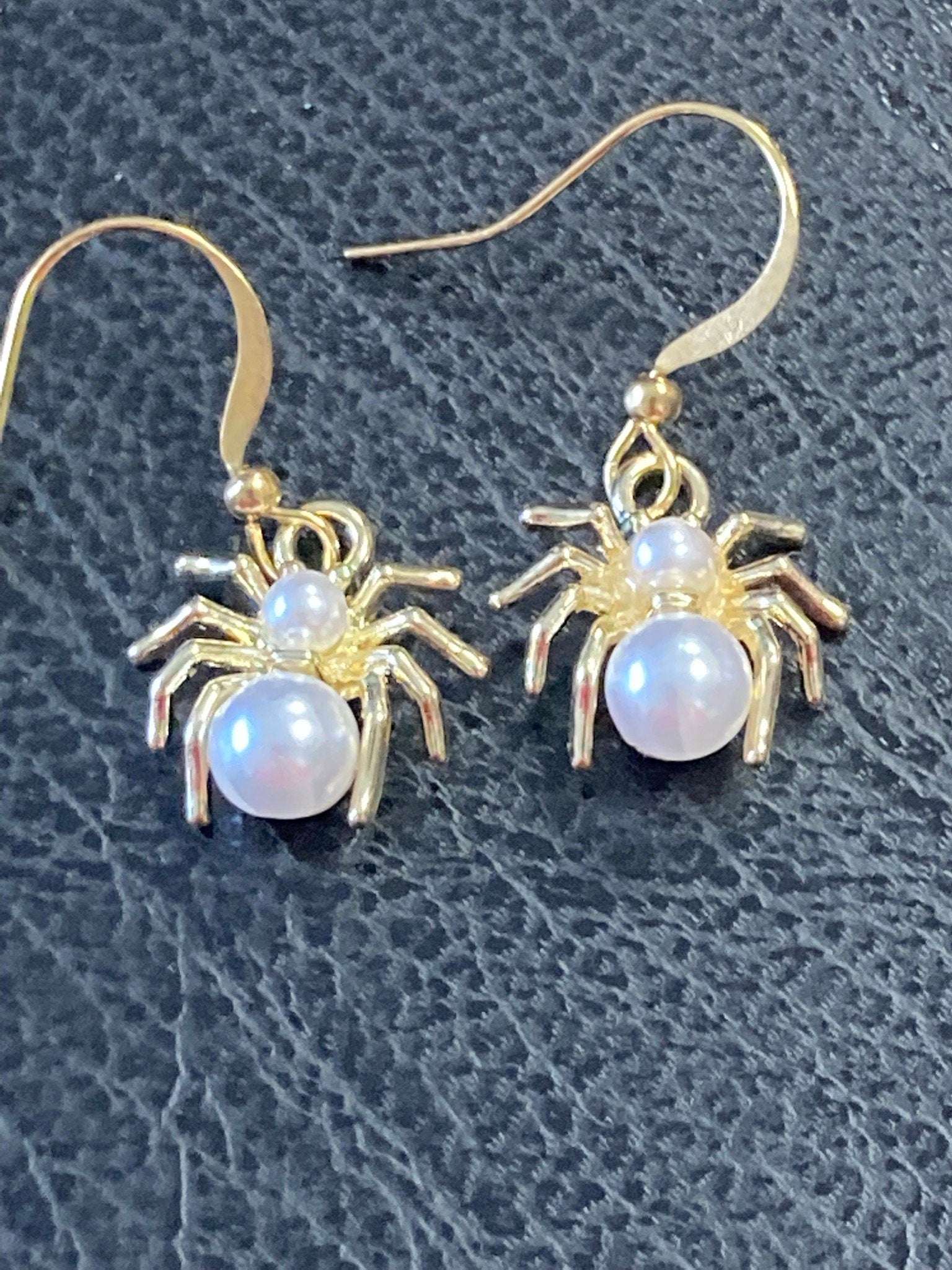 Handmade gold tone small Spooky Spider drop earrings