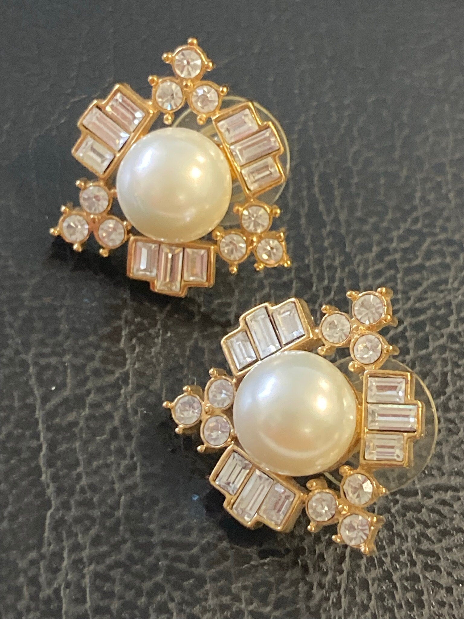 Vintage gold tone & clear diamanté paste faux pearl cabochon stud earrings for pierced ears