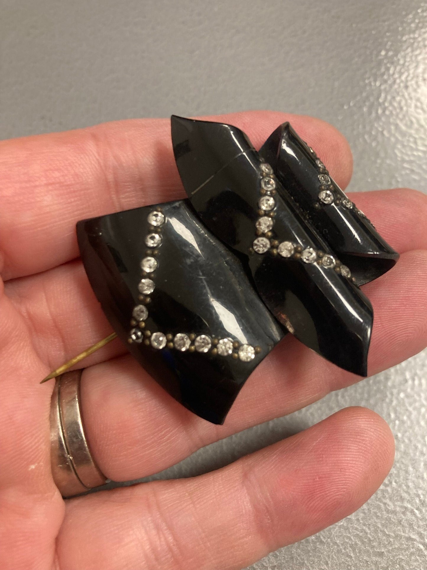True Art Deco flash pin diamante paste rhinestone set black bakelite