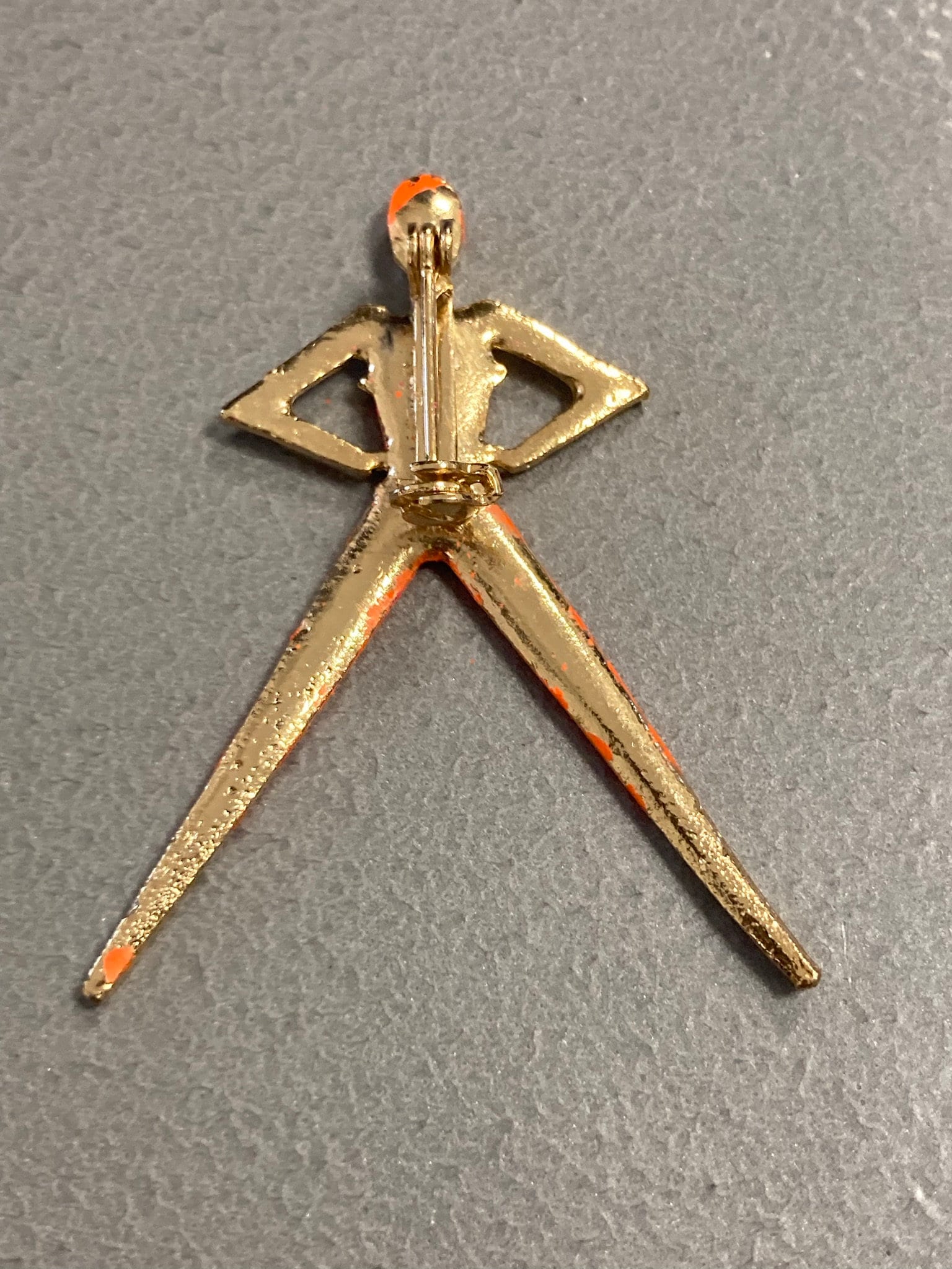 Kitsch 1980s Fitness Yoga luminous painted pink orange lady exercising brooch gold tone