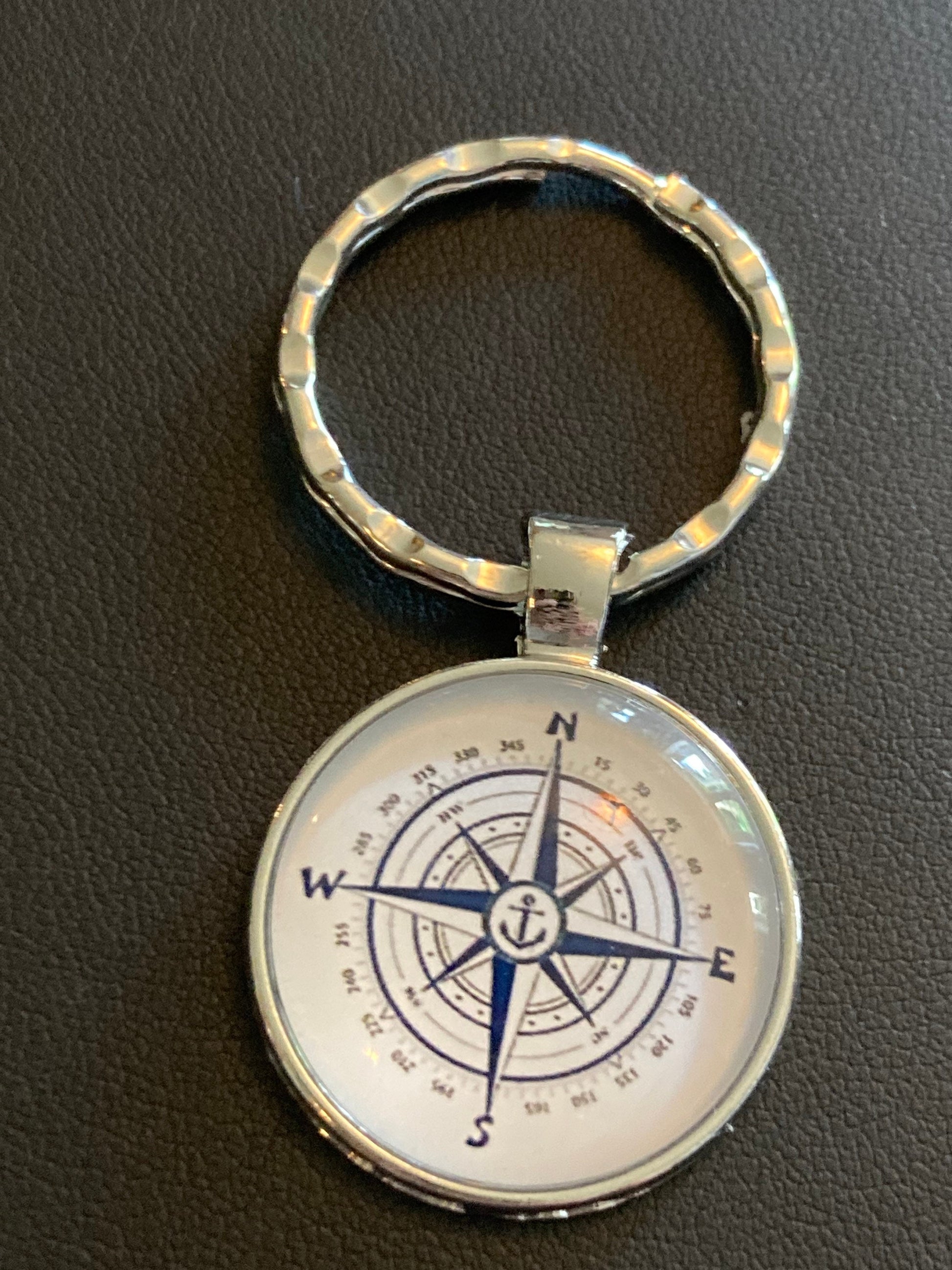 nautical blue compass key ring glass cabochon detail
