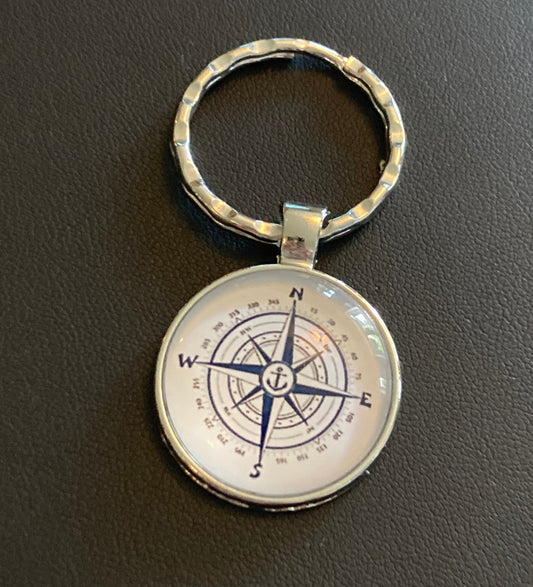 nautical blue compass key ring glass cabochon detail