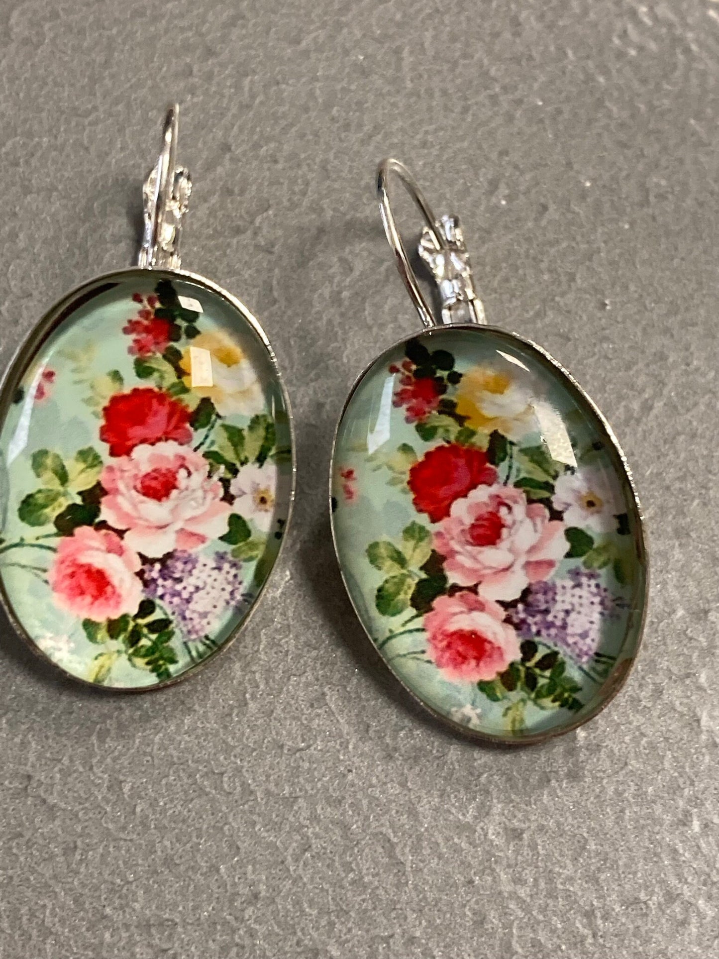 Red Pink roses Spring garden flowers oval glass cabochon floral earrings