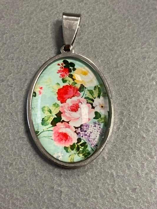 Red Pink roses oval glass cabochon pendant for necklace in silver plated flat back