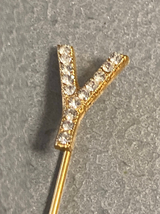 Vintage Retro Gentleman's Ladies Monogram Letter Y diamante Gold tone Stick Pin unsigned GROSSE
