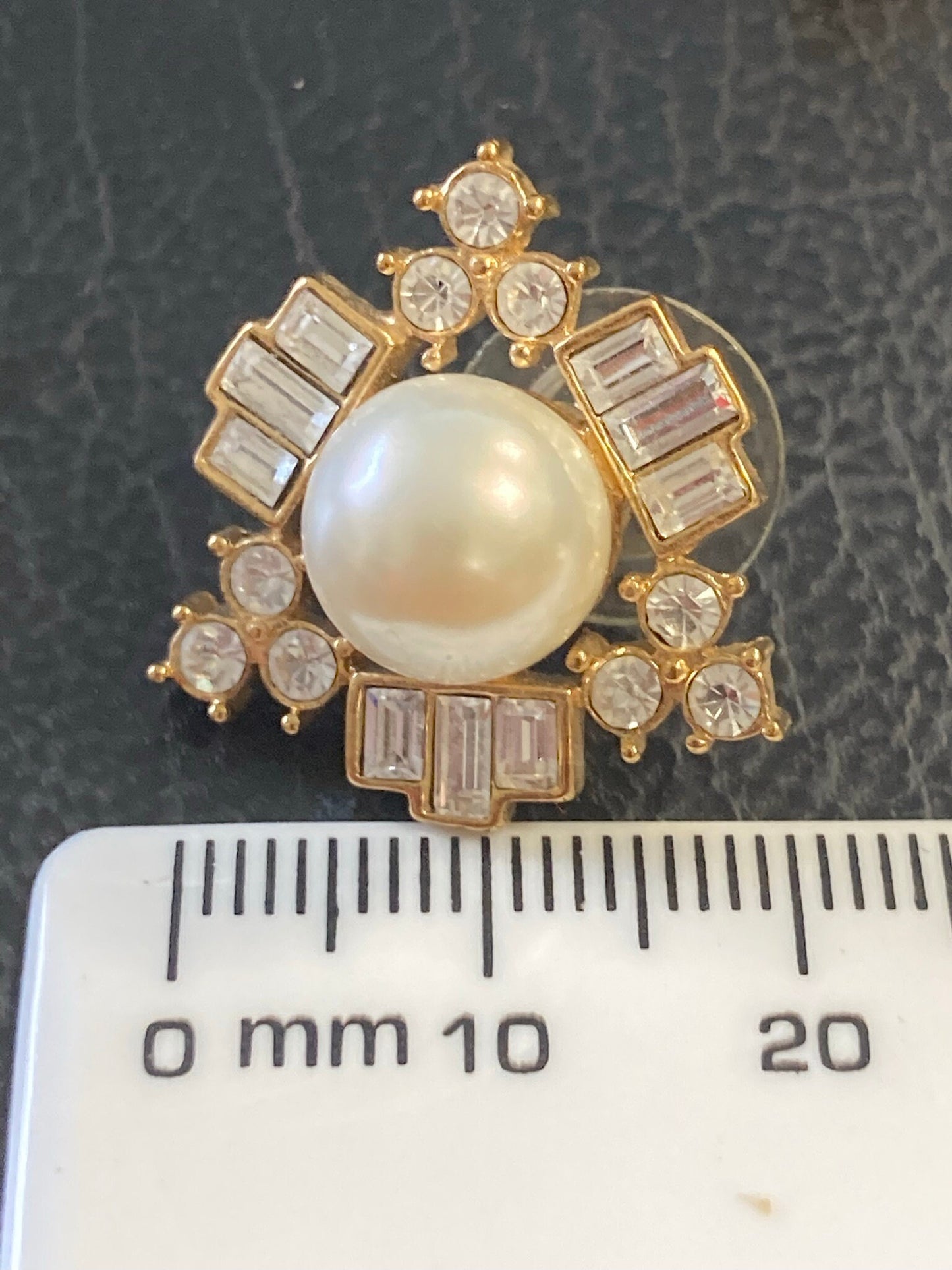 Vintage gold tone & clear diamanté paste faux pearl cabochon stud earrings for pierced ears