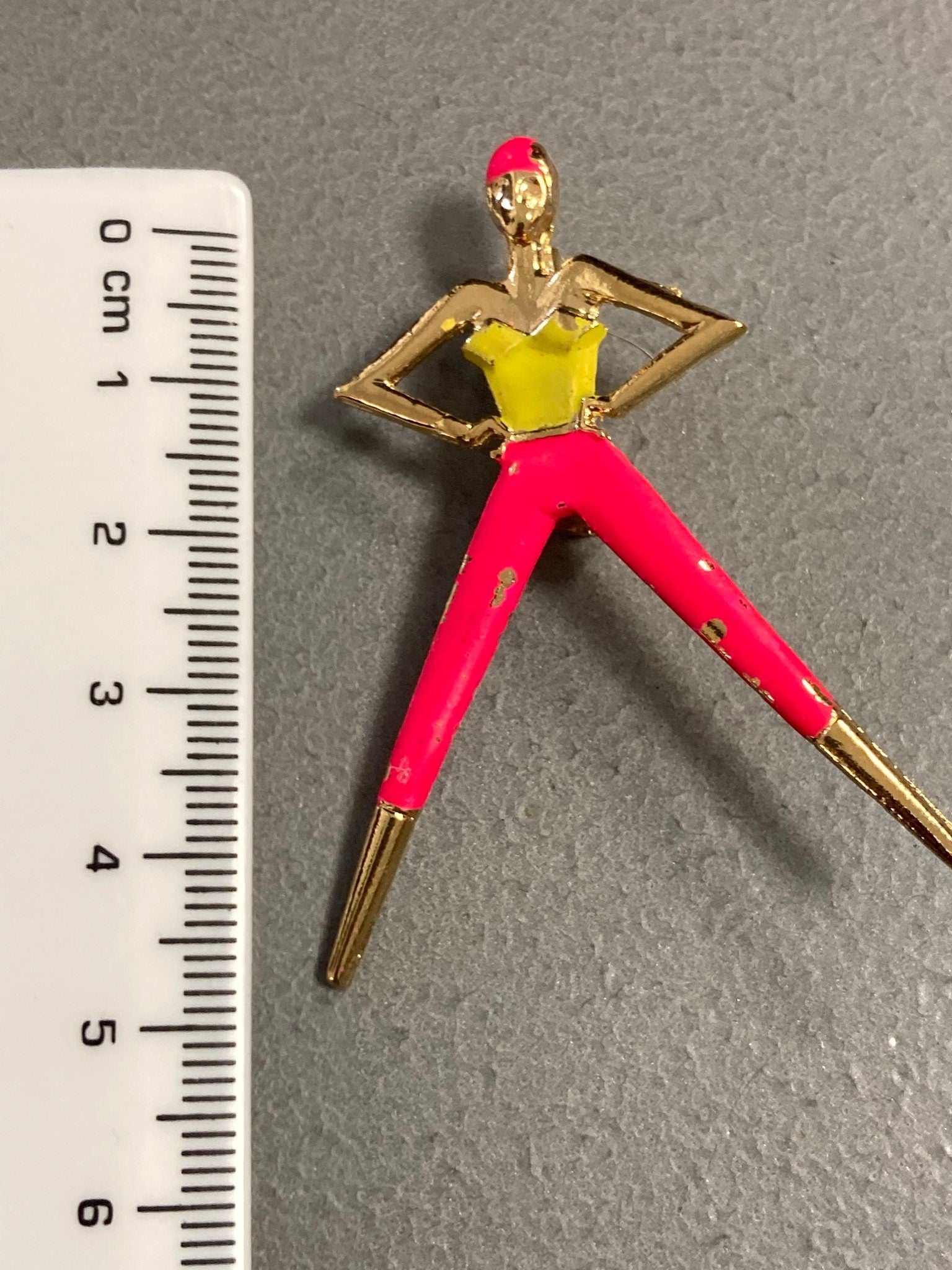 Novelty 1980s Fitness Yoga luminous painted lady exercise brooch gold tone pink yellow