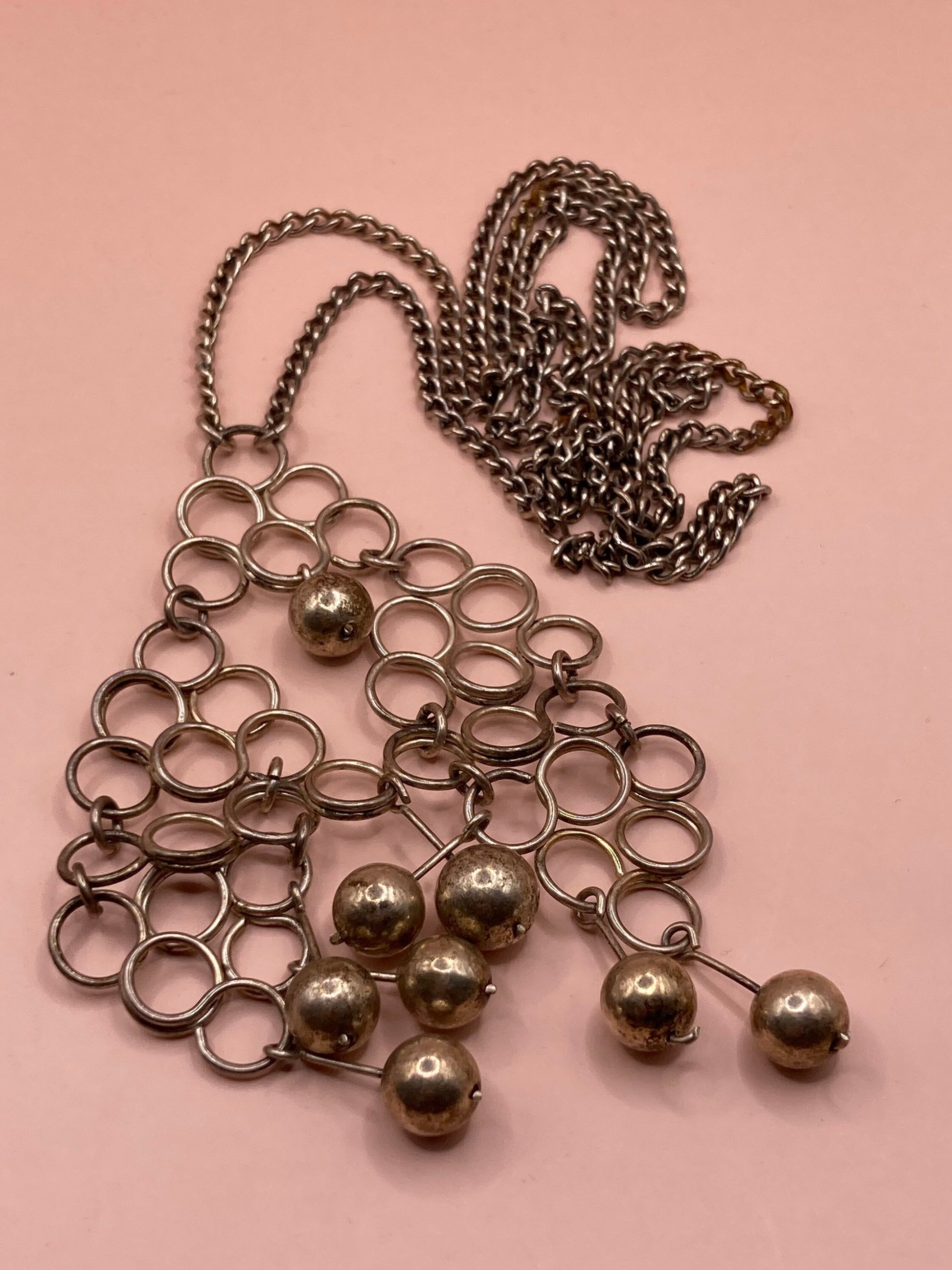 Vintage Modernist silver tone steel wire work pendant drop necklace chain