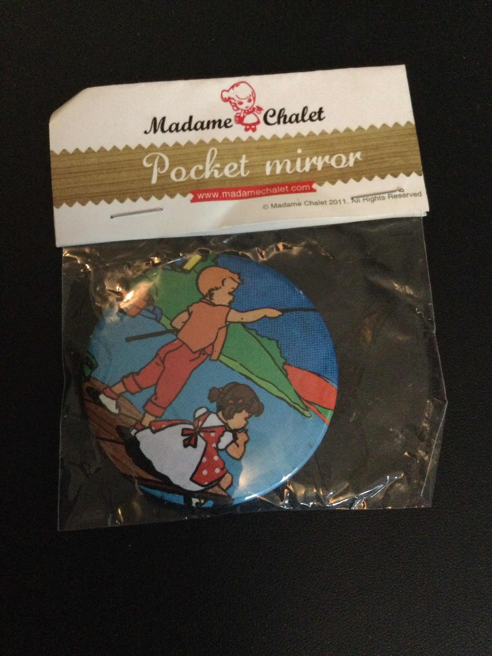 Retro cute and kitsch small handbag purse size pocket hand mirror. Evening bag mirror Madame chalet Swiss designs
