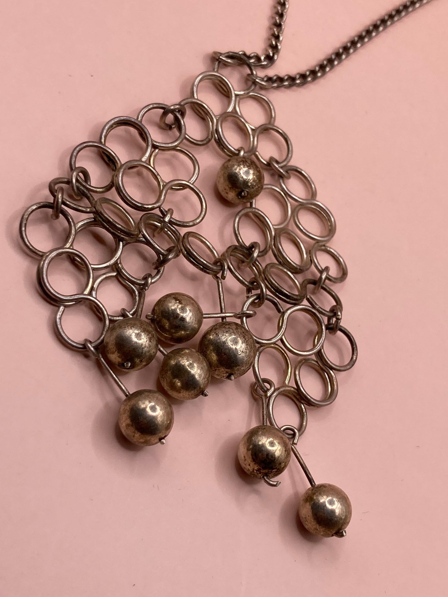 Vintage Modernist silver tone steel wire work pendant drop necklace chain