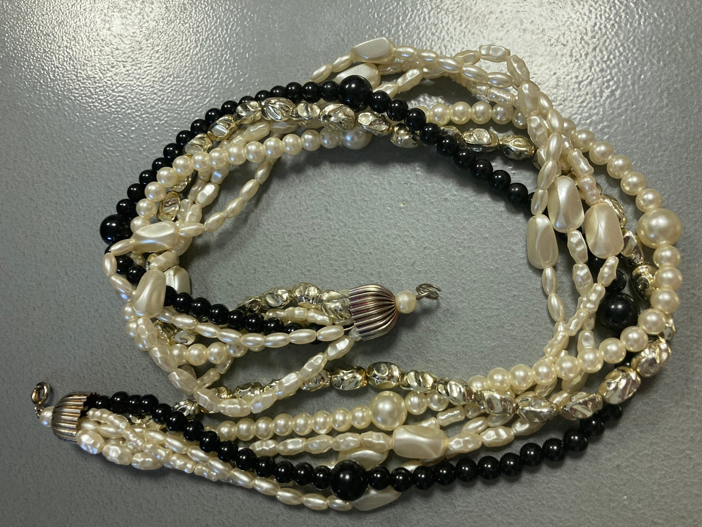 Vintage black cream gold plastic beaded Pearl twisted multi strand choker necklace