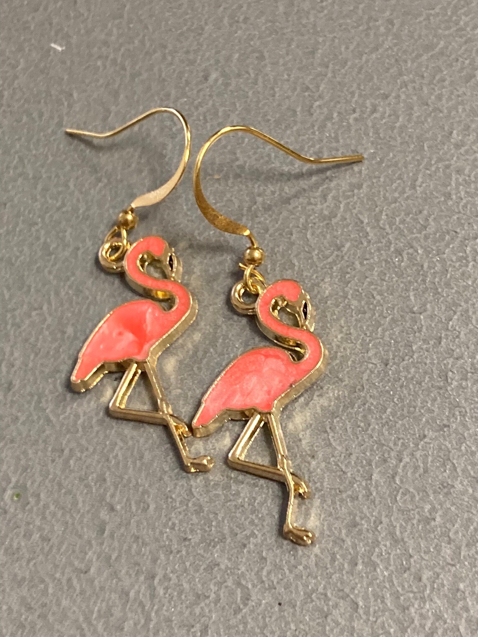 Pink enamel Flamingo drop earrings gold tone metal