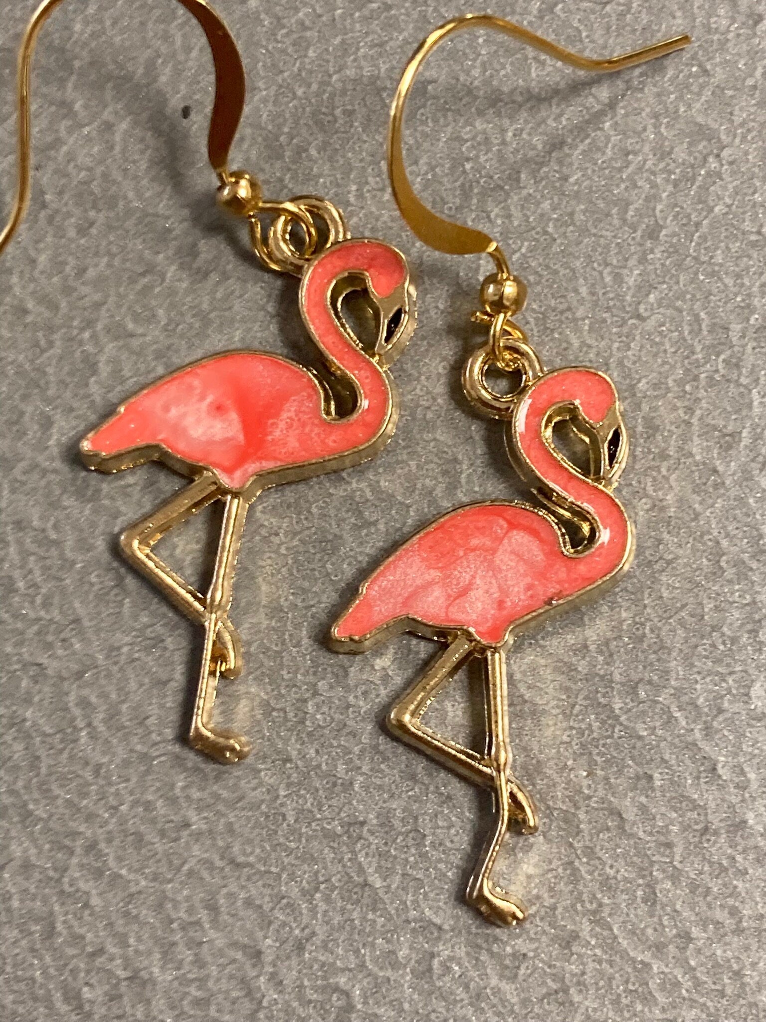 Pink enamel Flamingo drop earrings gold tone metal