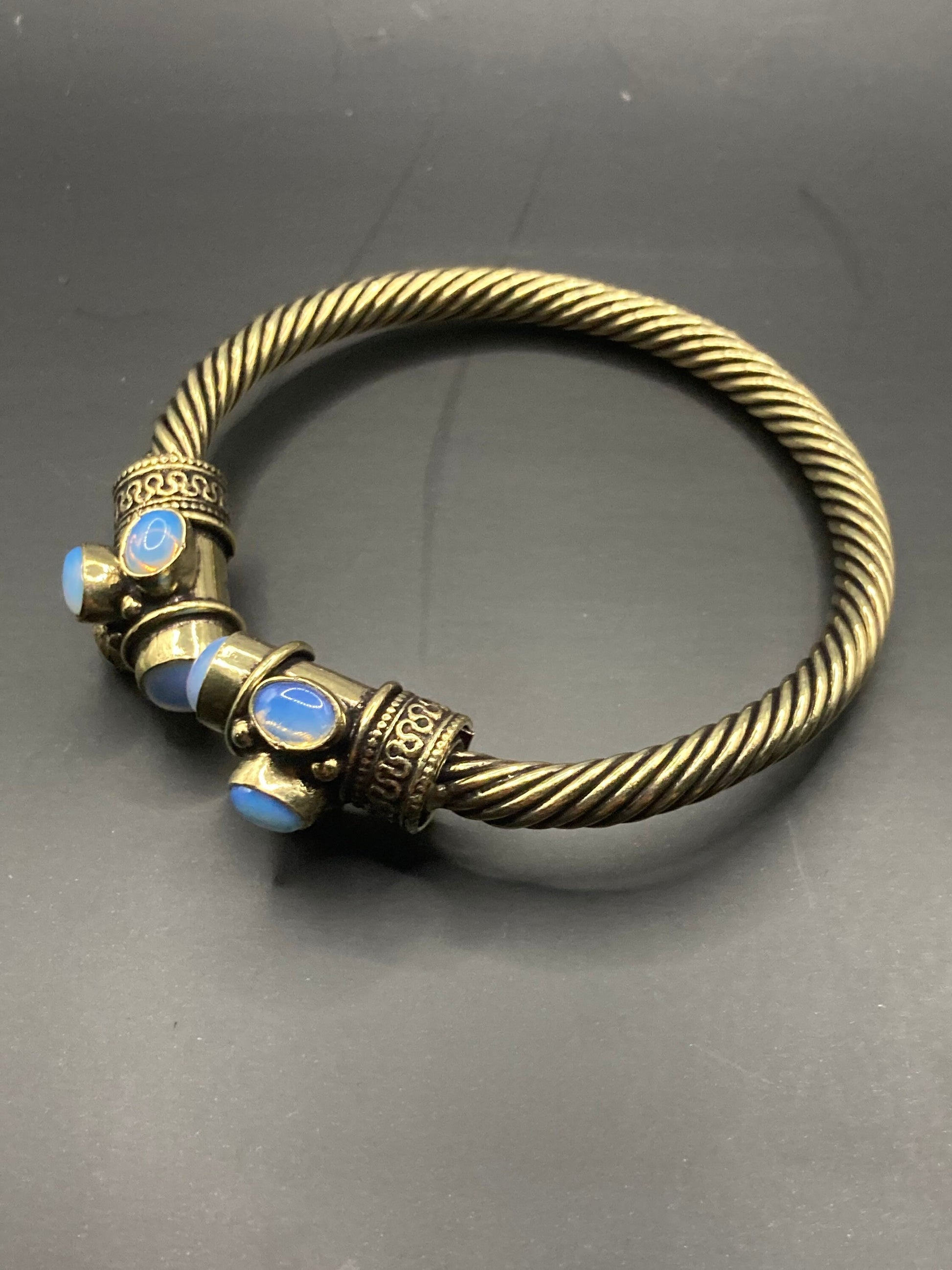 Moonstone labrodorite GEMSTONE Bangle brass gold tone cuff bracelet